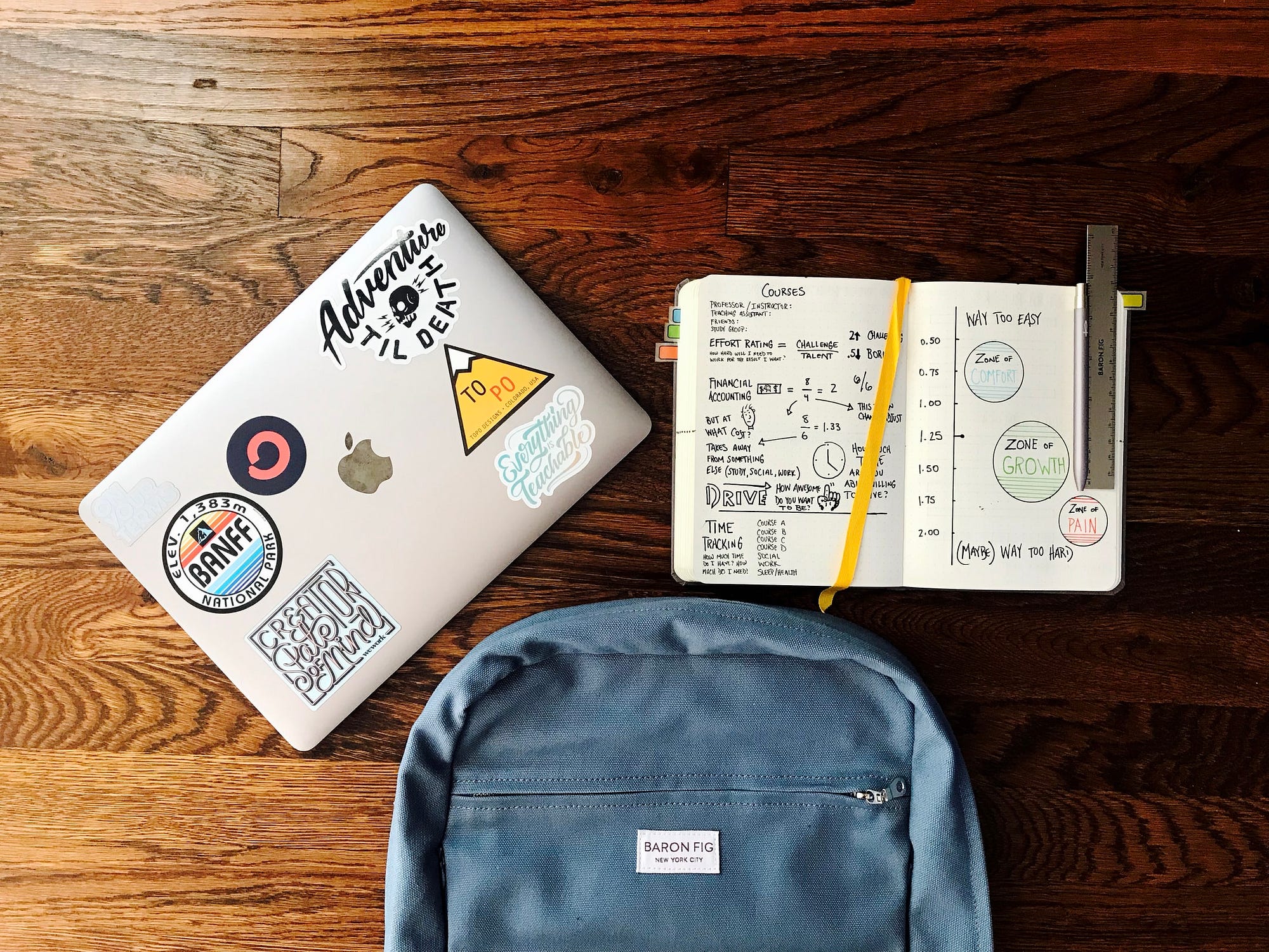 An image shows mac laptop, bag and a book
