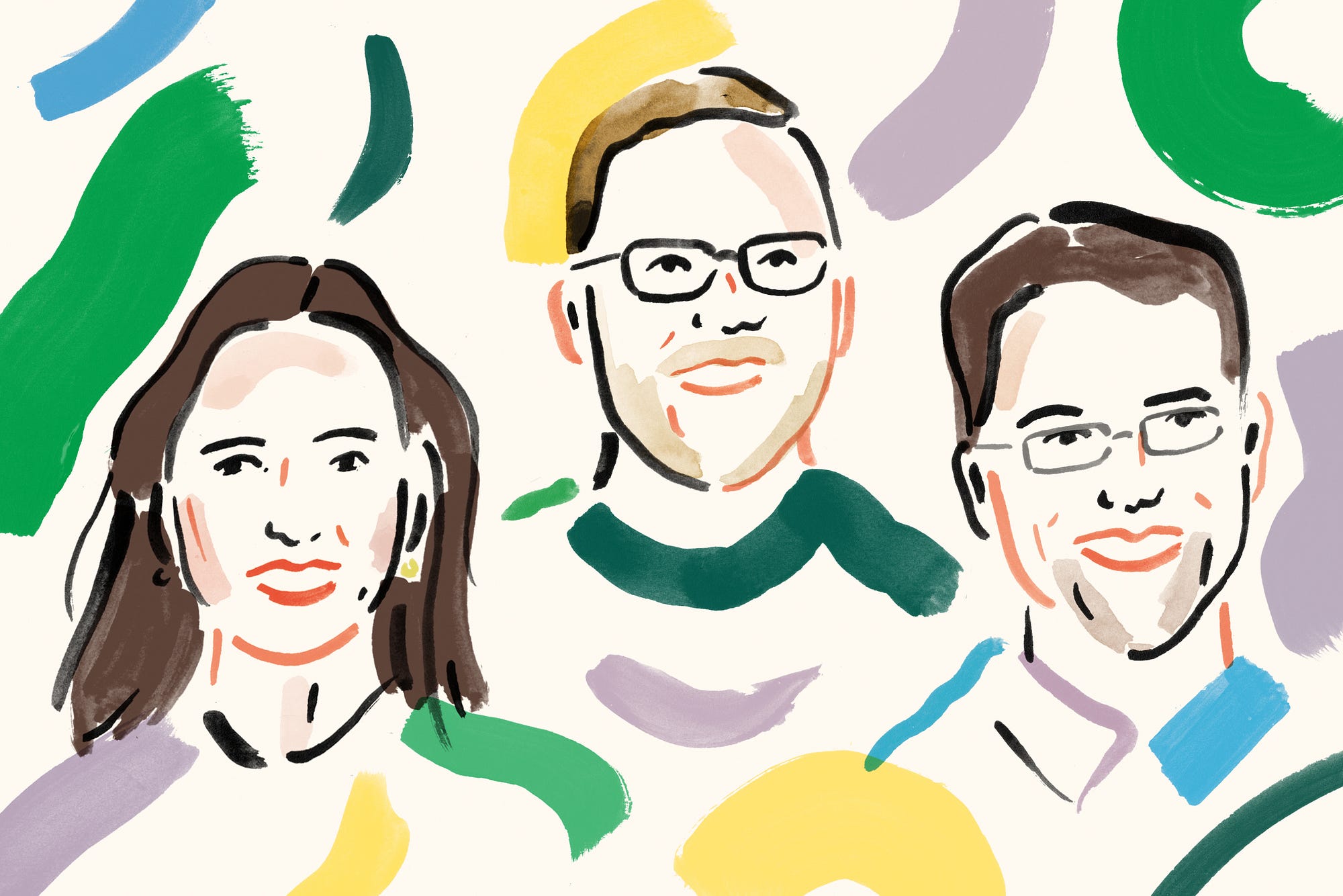 Illustrated portrait of Fernanda Viégas, Jess Holbrook and Martin Wattenberg by Charlotte Trounce for Google