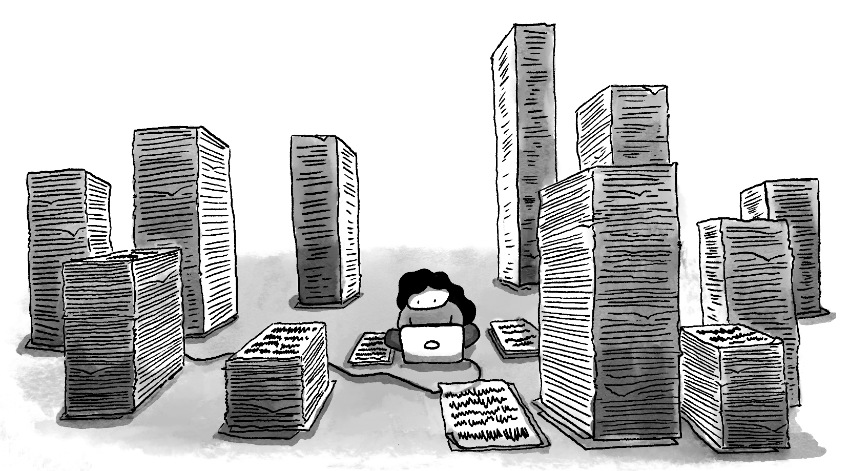 Drawing of young person sitting on the floor with a laptop, surrounded by tall stacks of paper.