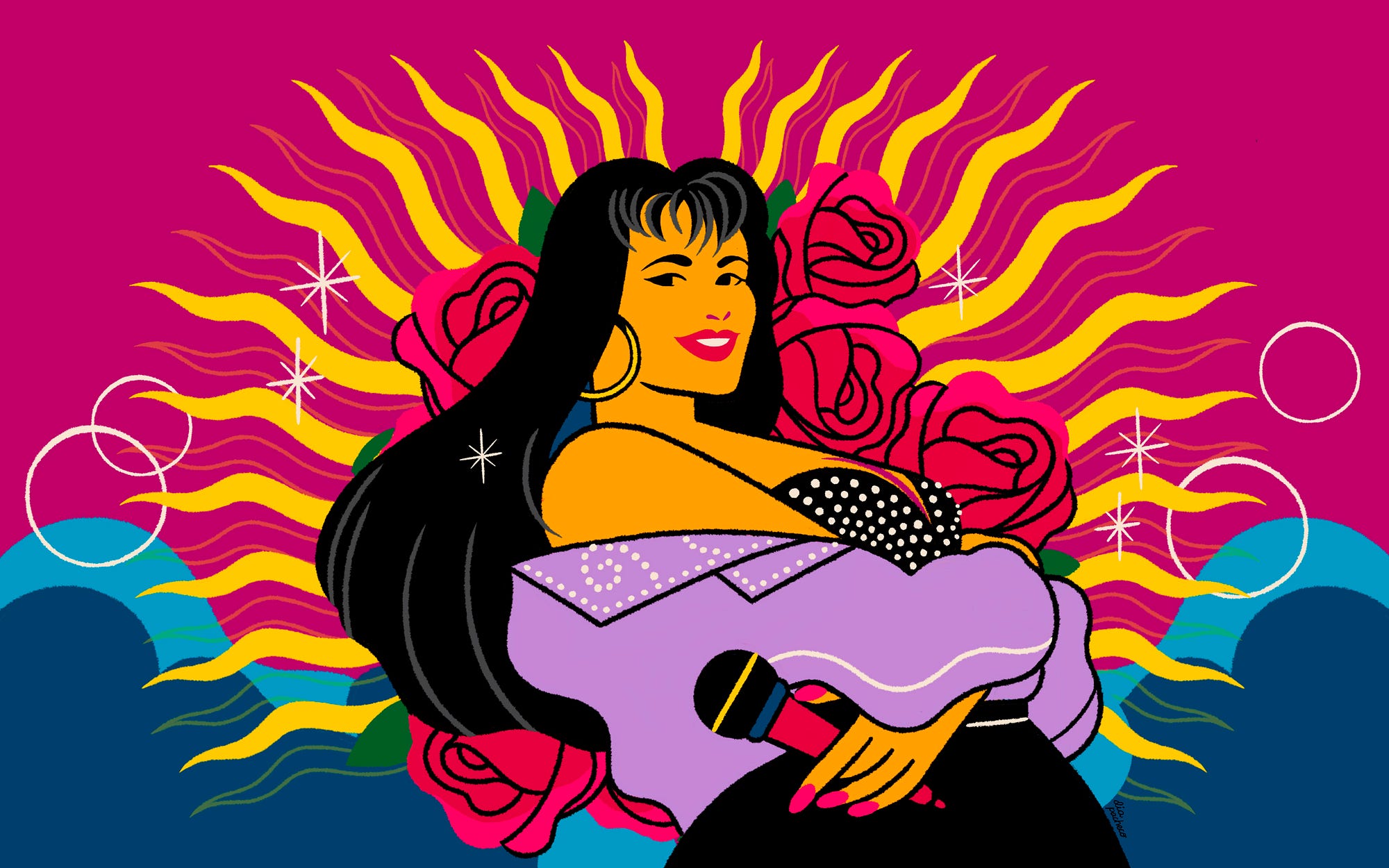 An illustration of Selena. She is posing in front of a sun and roses against a bold colorful background.