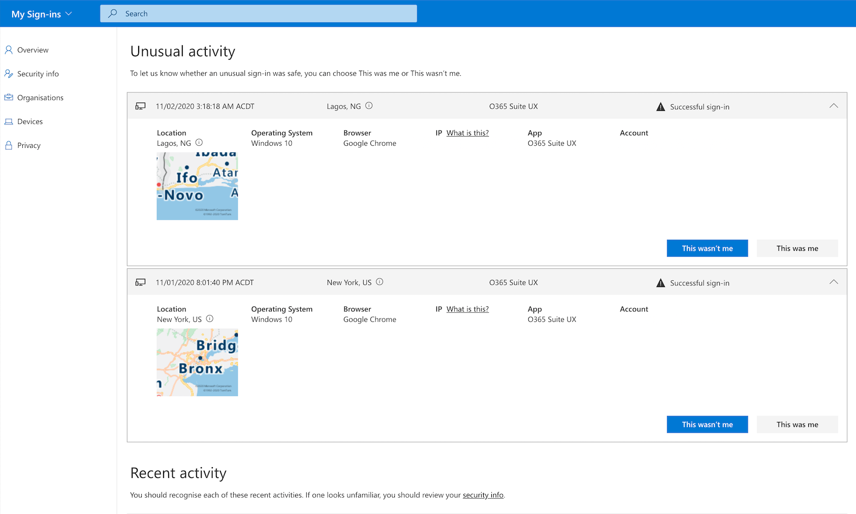 Screenshot of Office 365 account sign-ins showing Unusual Activity from New York on 01 Nov 2020 and Lagos on 02 Nov 2020.