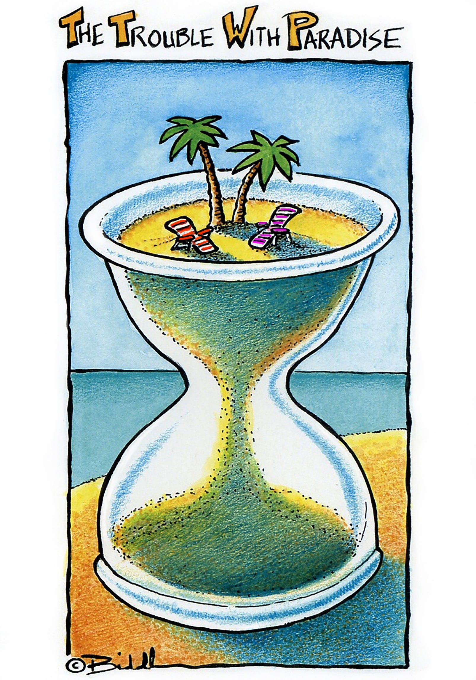An hour glass with a palm tree and two little lawn chairs on top of the sand (that’s running out )