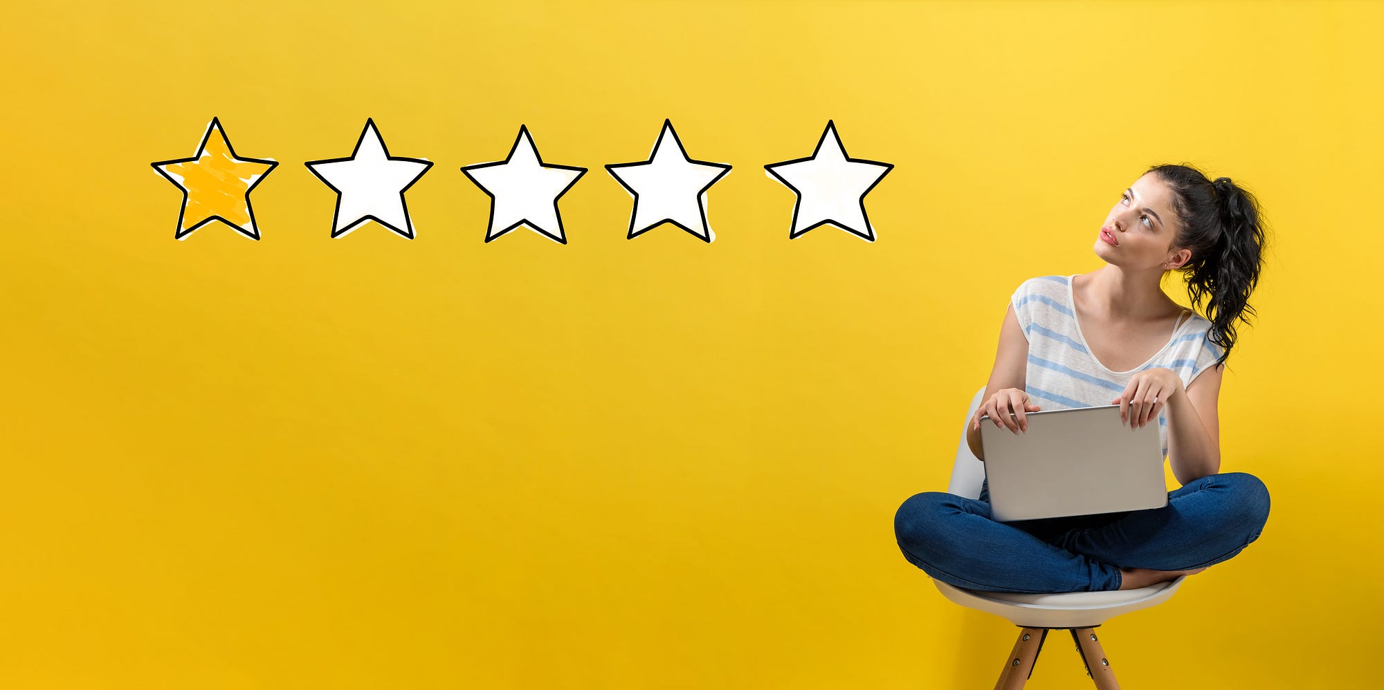 Image of woman shopping online leaving a 1-star negative customer review