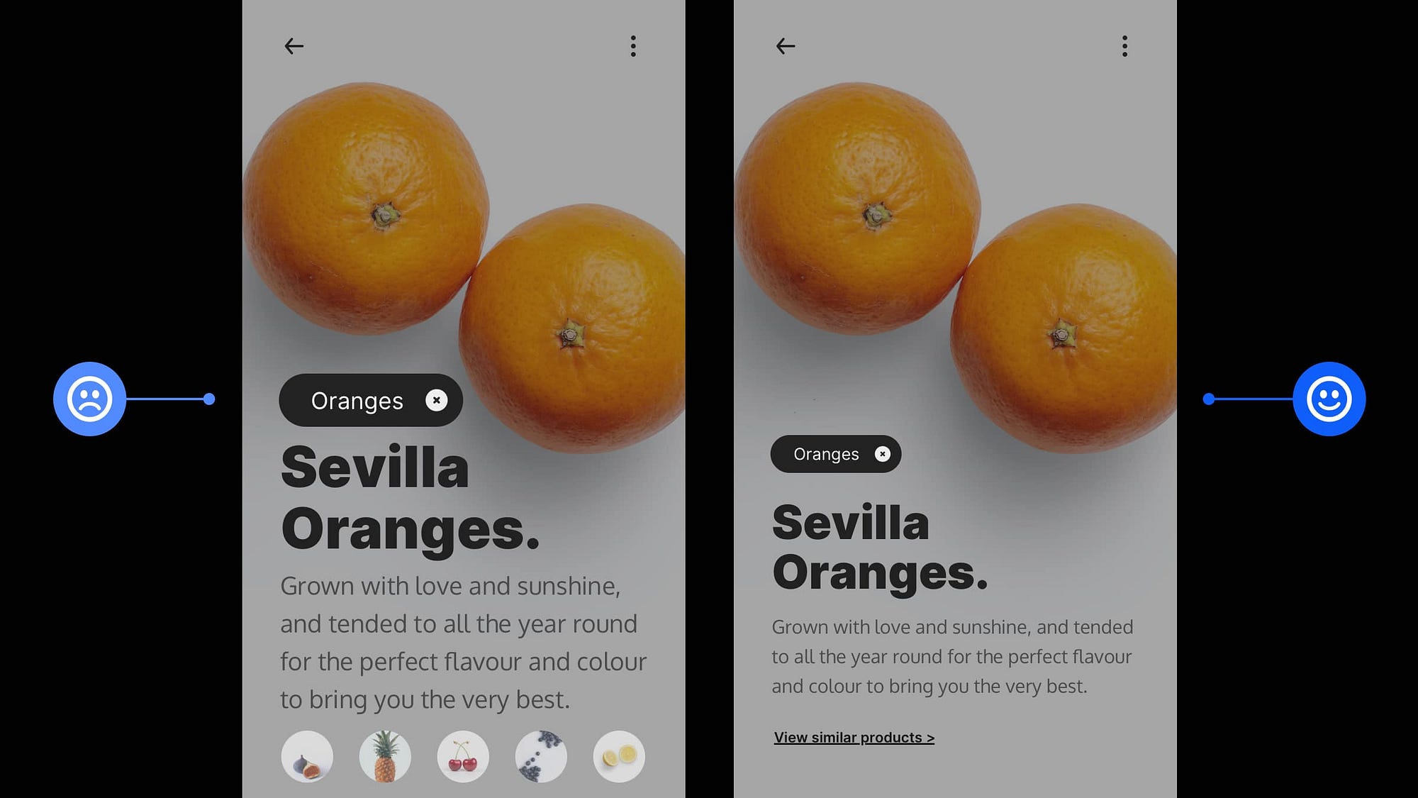 Two Mobile app design examples. One shown with too much content added, and the other with less content to create more space