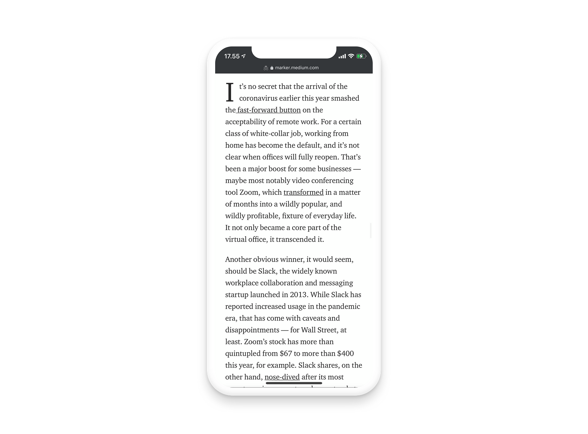 iPhone showing an article on Medium.com.