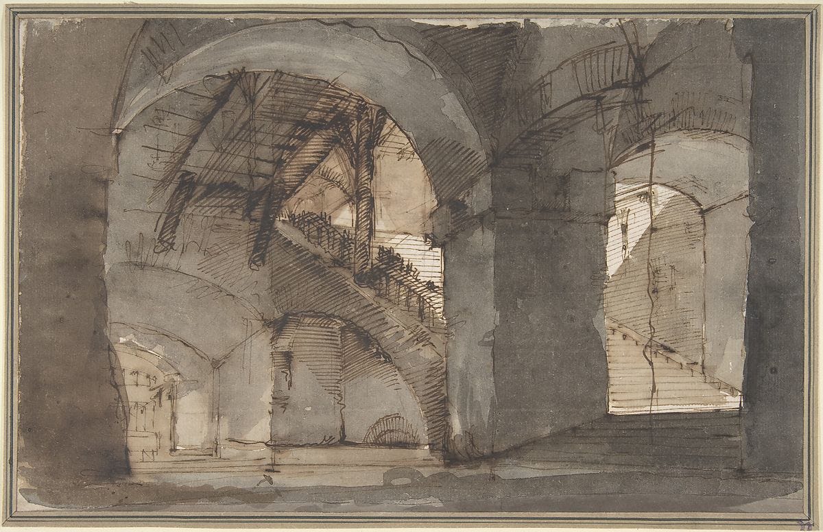 Illustration showing dungeon with high vaults and a staircase to the right