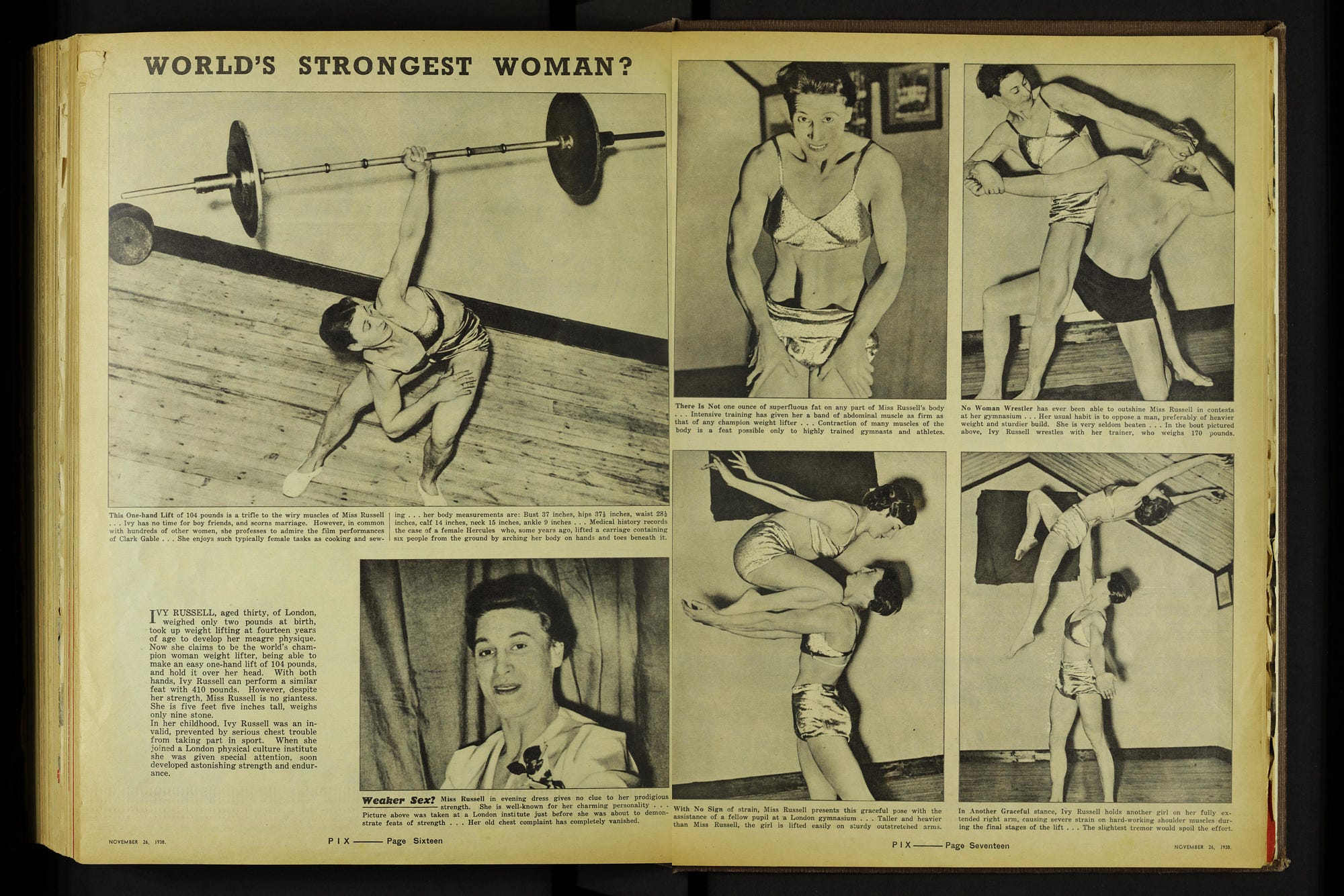 2 pages from a magazine, featuring an article entitled “WORLD’S STRONGEST WOMAN?” The left page has 2 photos with text. Top: Russell performing a bent press with a barbell. Bottom right: Russell from the chest up in an evening attire. The right page has 4 photos with text. Top left: Russell doing a stomach vacuum. Top right: Russell having her coach in a wrestling hold. Bottom left: Russell holding a woman on outstretched arms. Bottom right: Russell holding a woman overhead on her right arm.