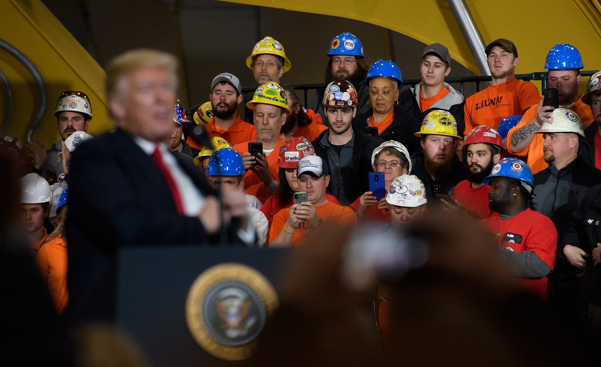 Donald Trump speaks to a crowd gathered at the Local 18 Richfield Facility of the Operating Engineers Apprentice and Training