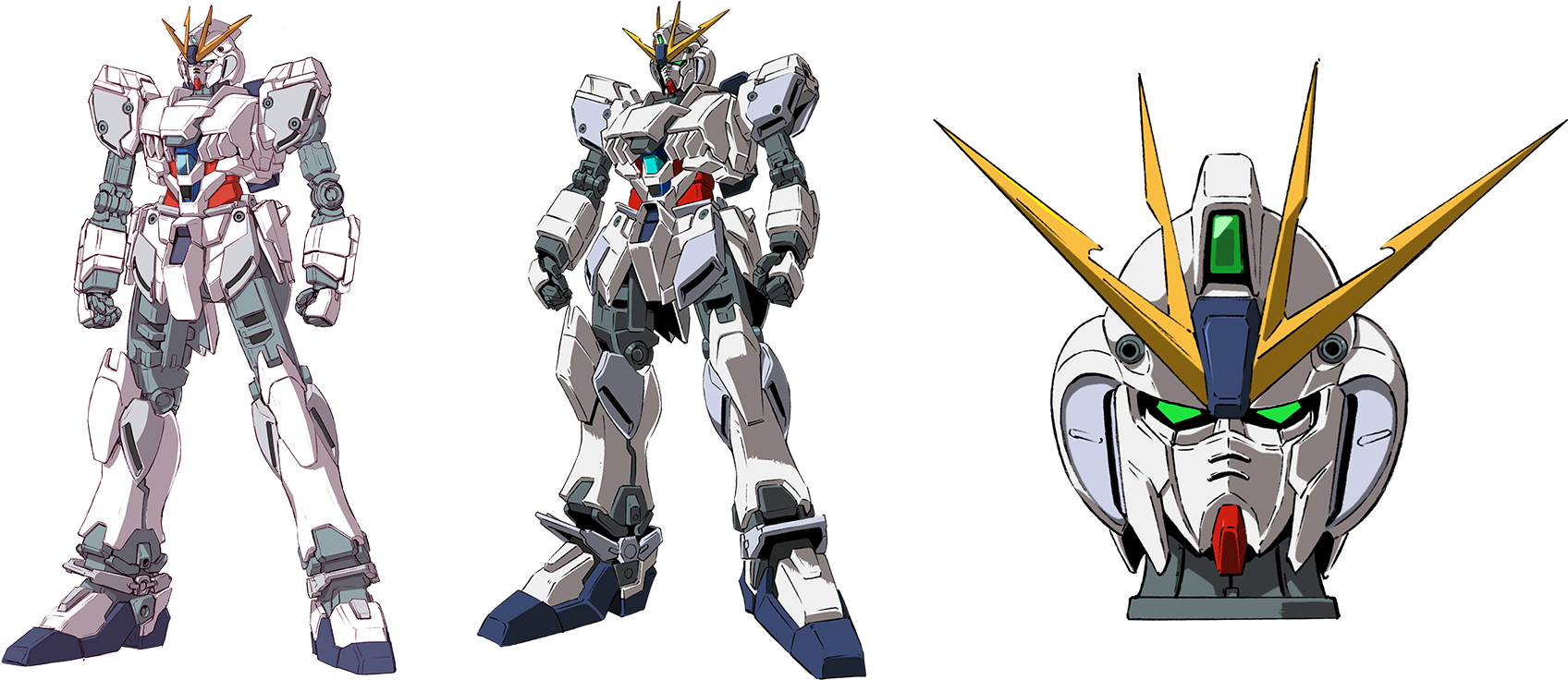 Left to right: Narrative Gundam front view by Hajime Katoki, front view and...