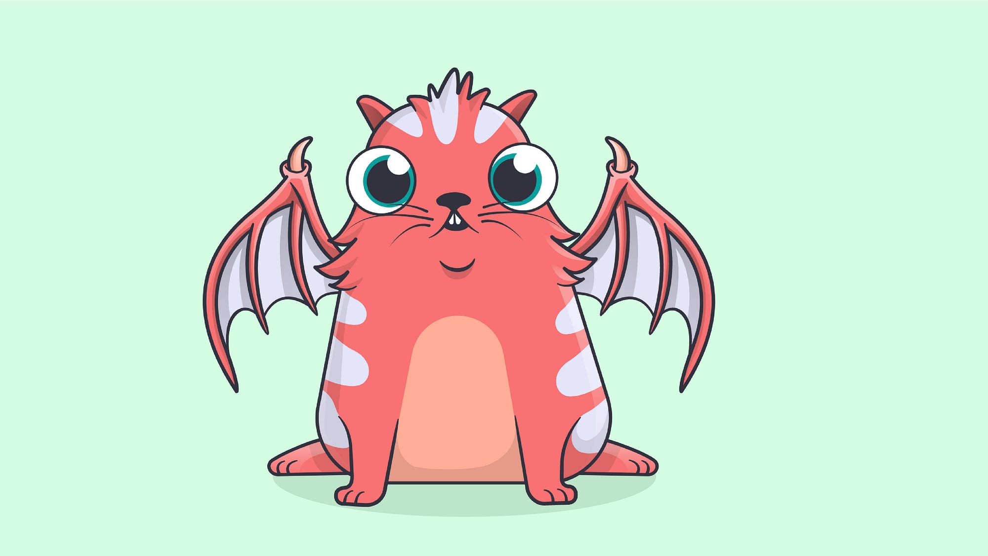 Cartoon CryptoKitty with daemonwings.