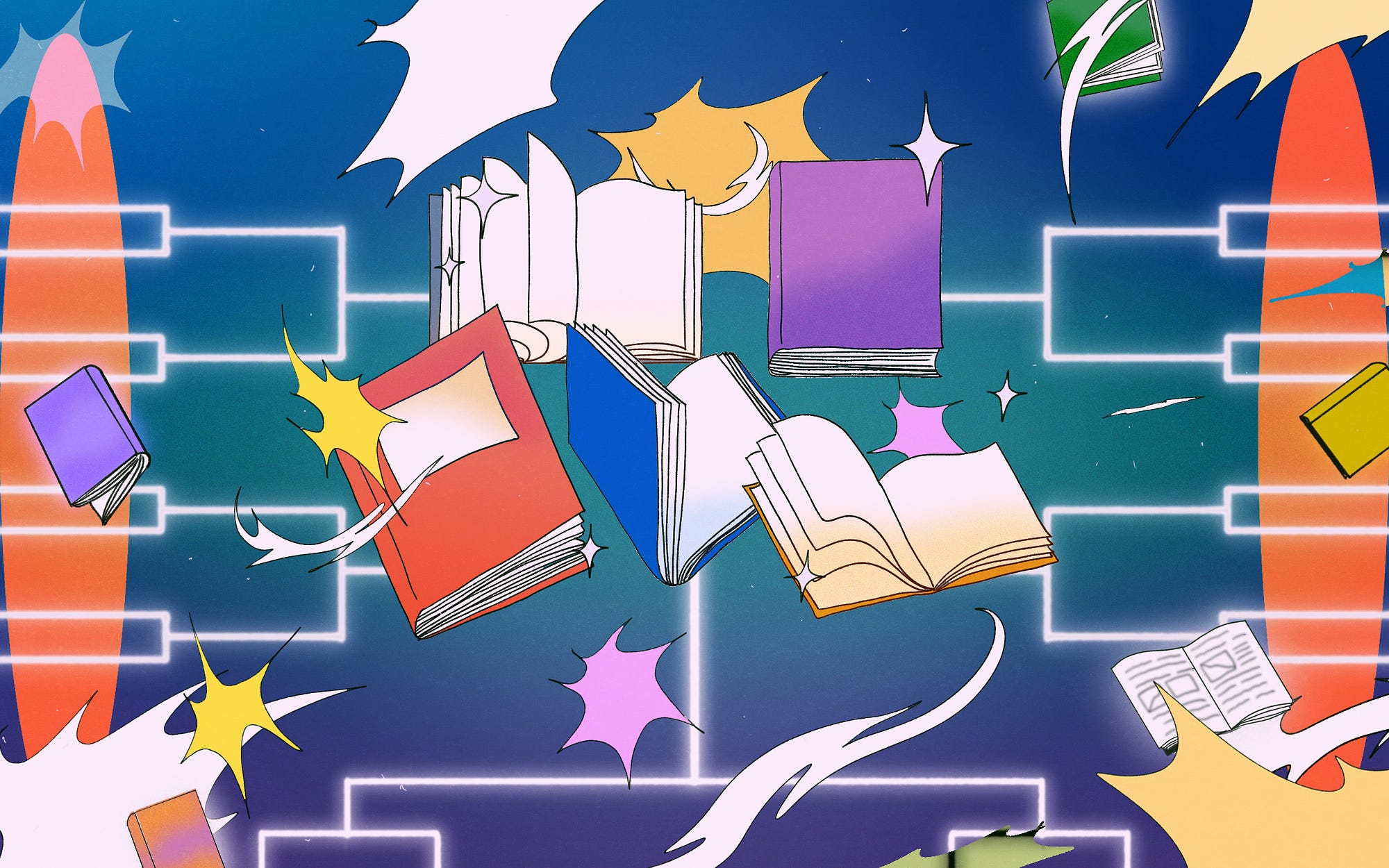 An illustration of 5 different books, some opened and others closed. Behind the books are sparkles and bracket style outline.
