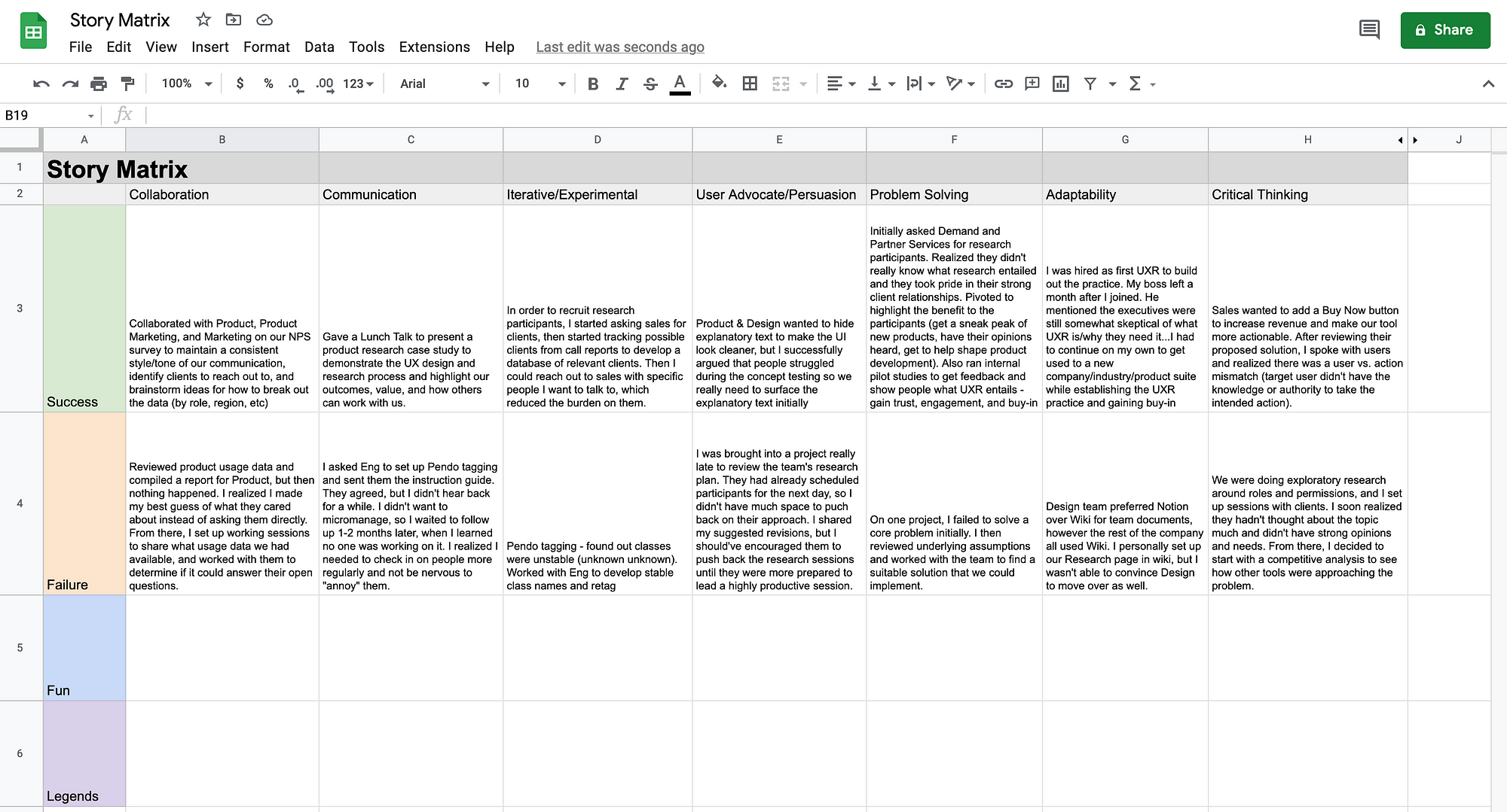 This is a sample Google Sheets where you can record success, failure, fun, and legendary stories around characteristics such as collaboration, communication, iteration, user advocacy, problem solving, adaptivity, and critical thinking.