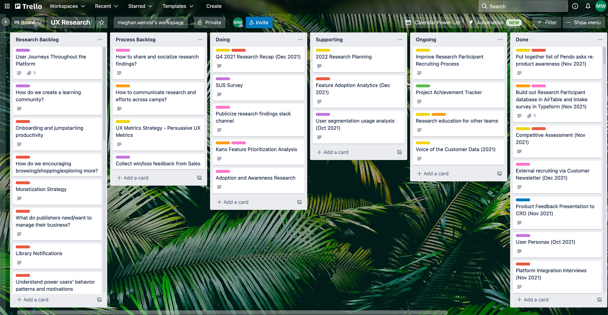 This screenshot shows a sample trello board with the following columns: research backlog, process backlog, doing, supporting, ongoing, and done.