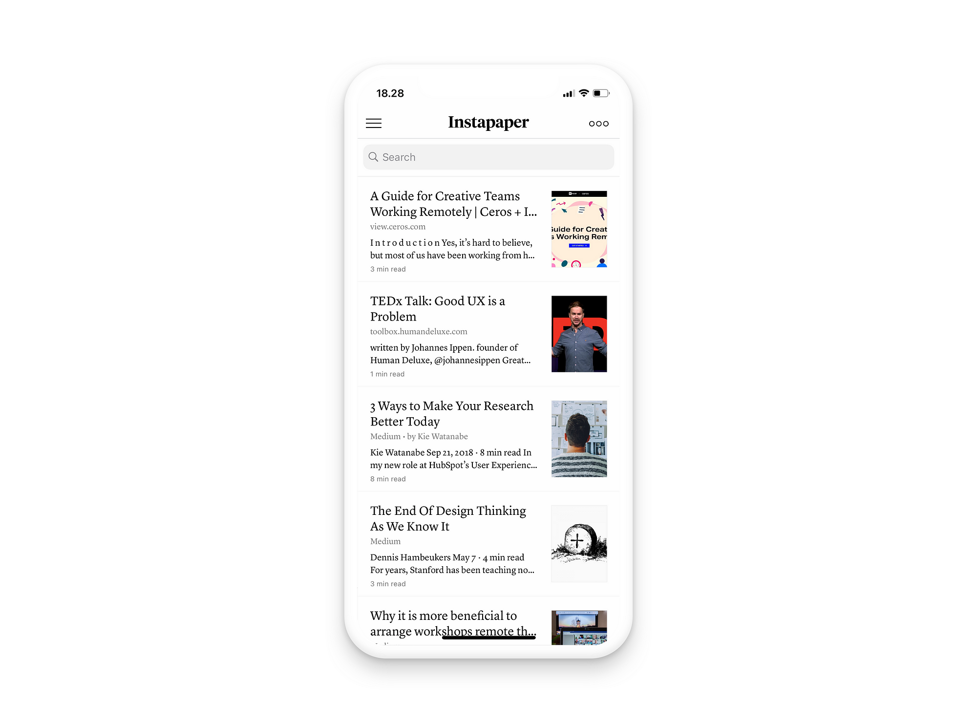 iPhone showing the home screen of the Instapaper app.