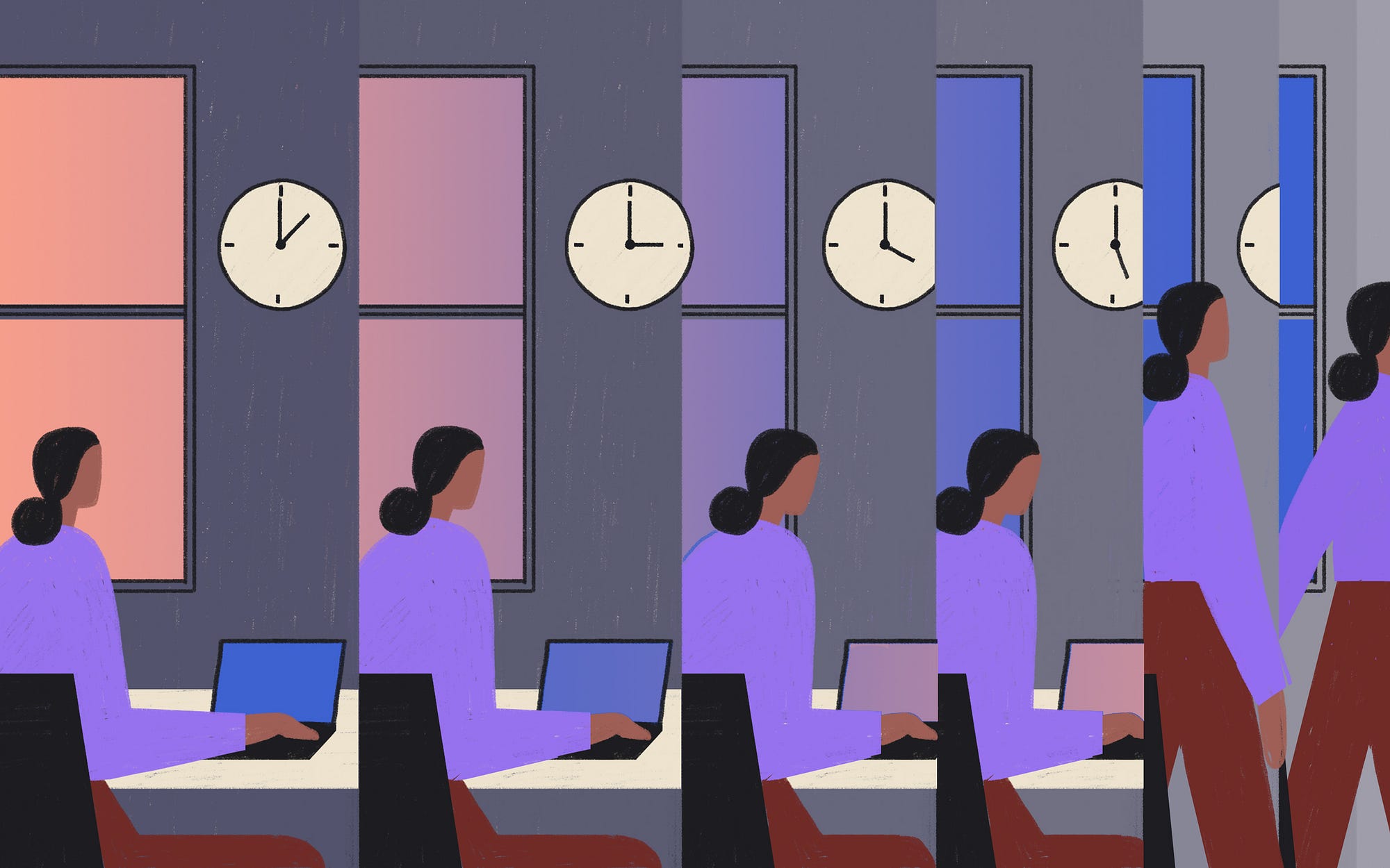 Multiple panels of a woman doing remote work at home who eventually clocks out for the day.