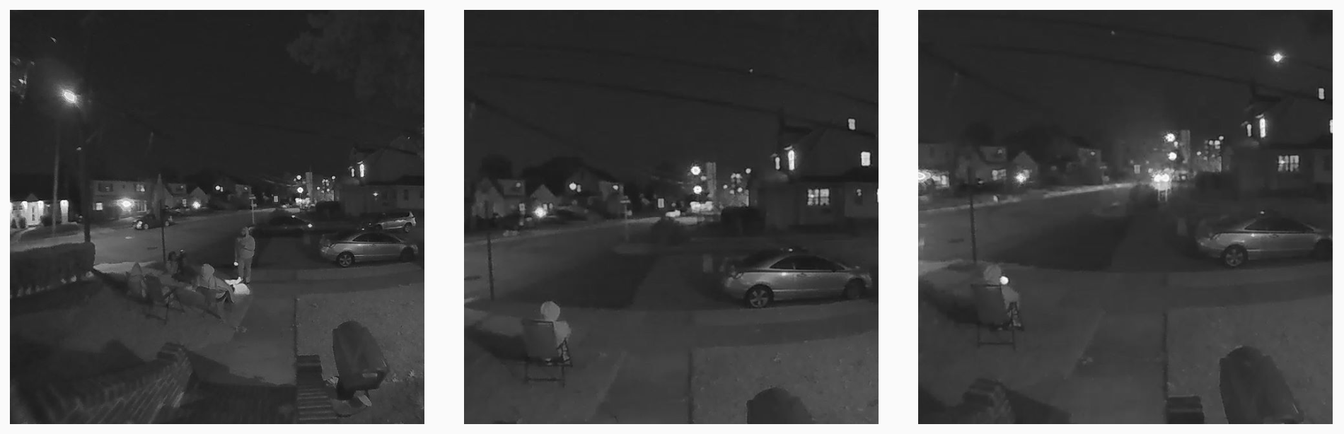 Images from the security camera on Jennifer McLeggan’s house of Anthony Herron Jr. sitting watch in front of the house.