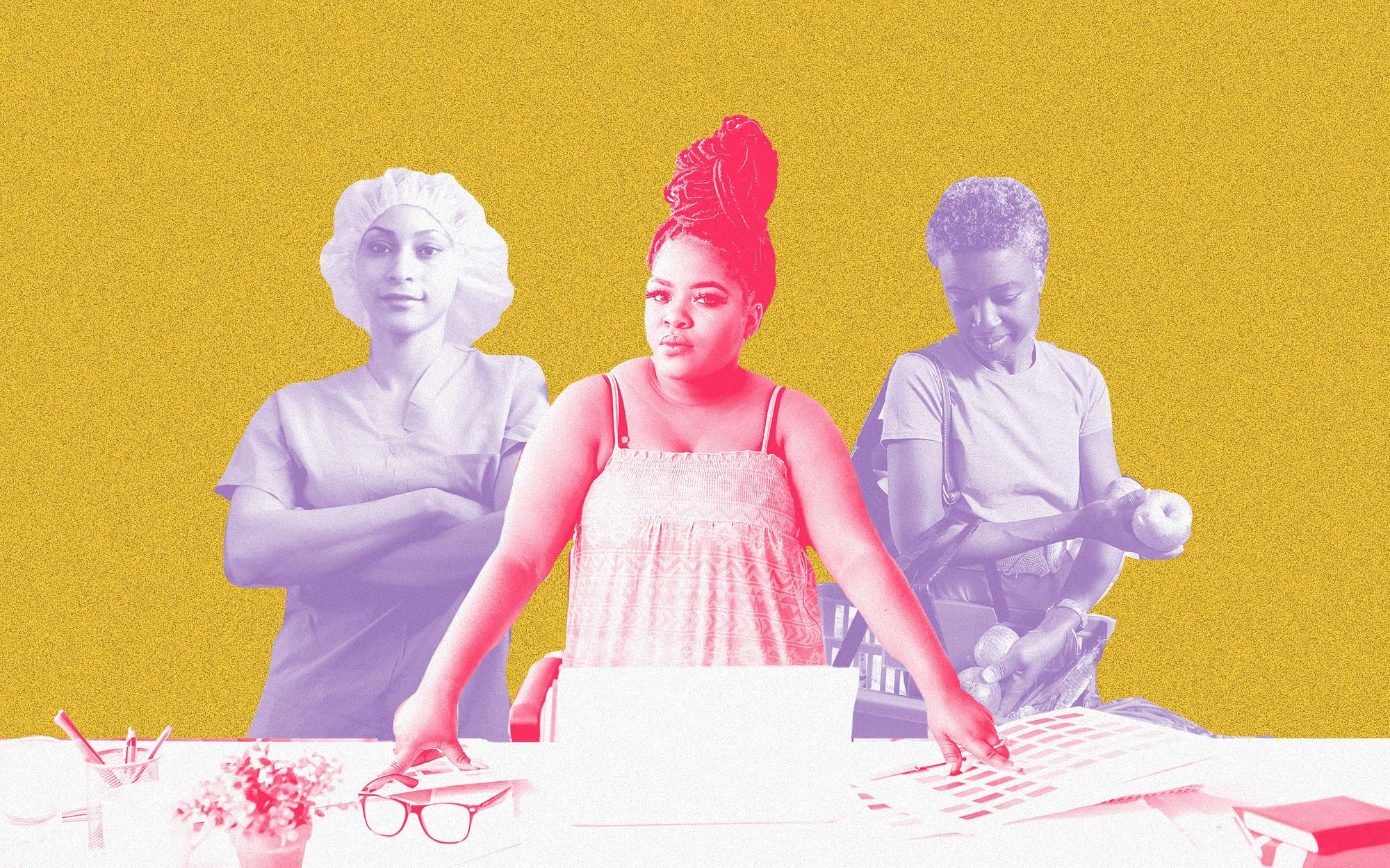 A photo collage of a WOC medical worker, designer, and grocery shopper.