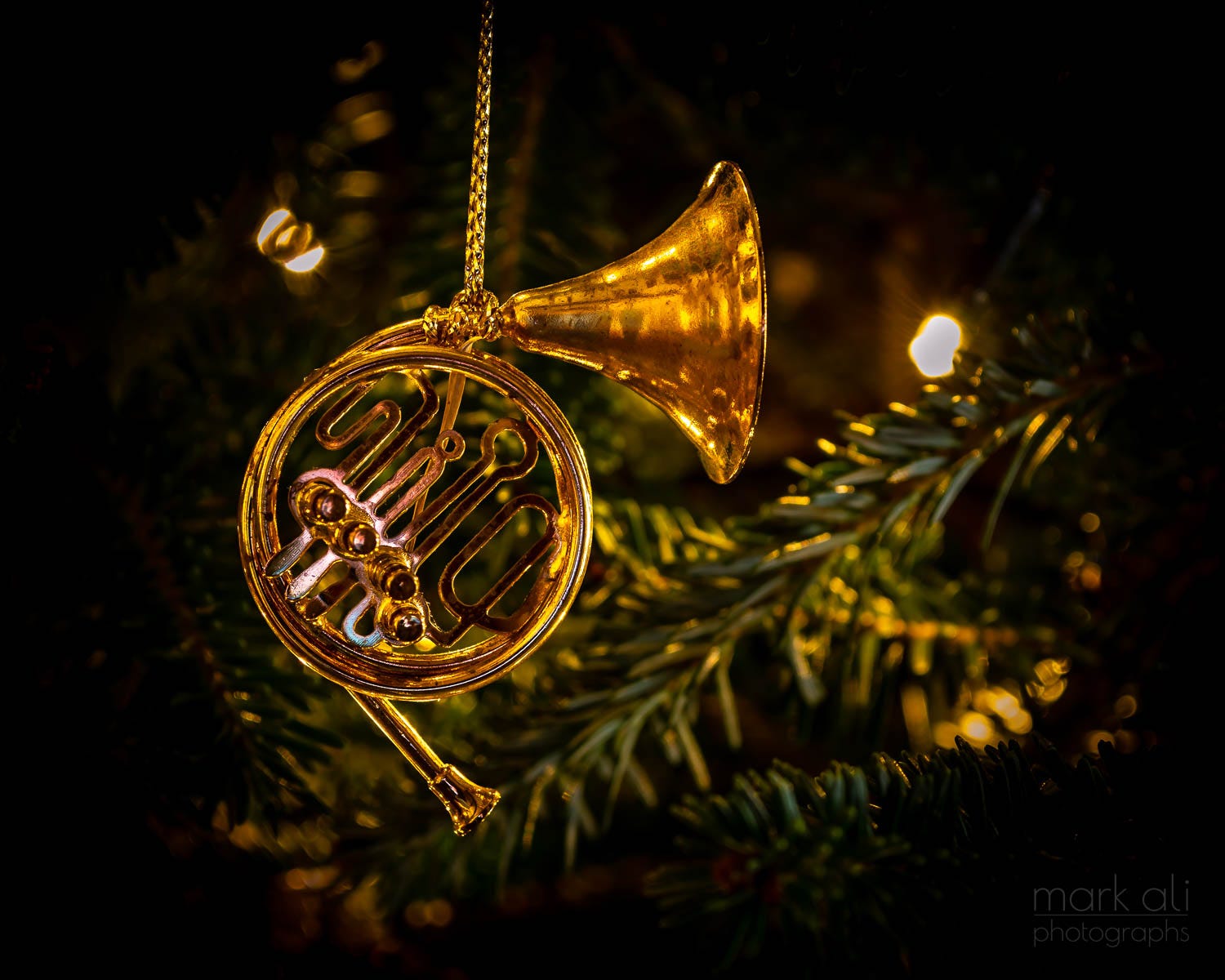 A gold French horn ornament hangs from a branch of a Christmas tree.