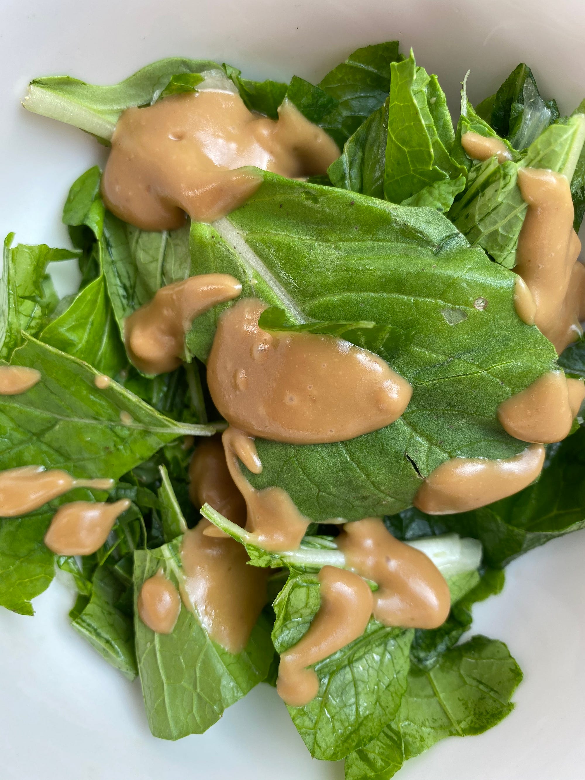 A photo of bright green spinach leaves coated in a creamy light brown balsamic dressing
