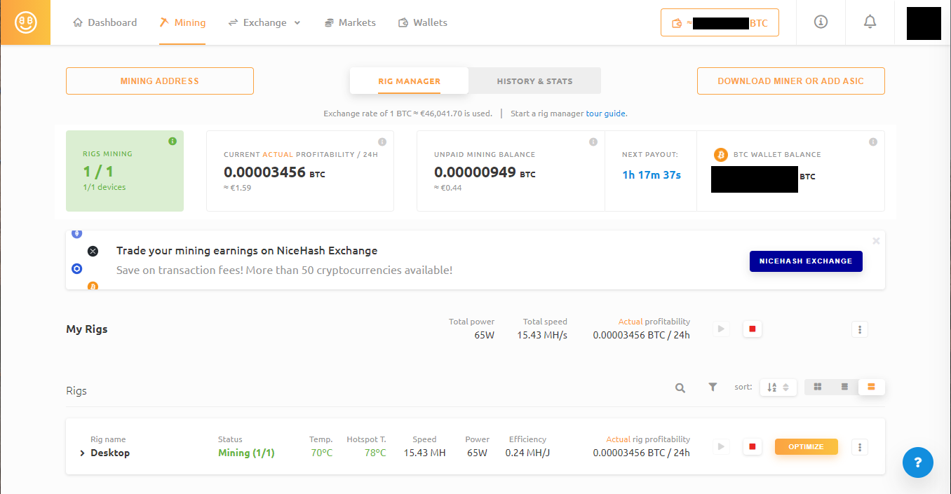 A screenshot of the NiceHash Mining Dashboard, you can see the hashrate, efficiency, temperature, power usage, and the actual profitability.