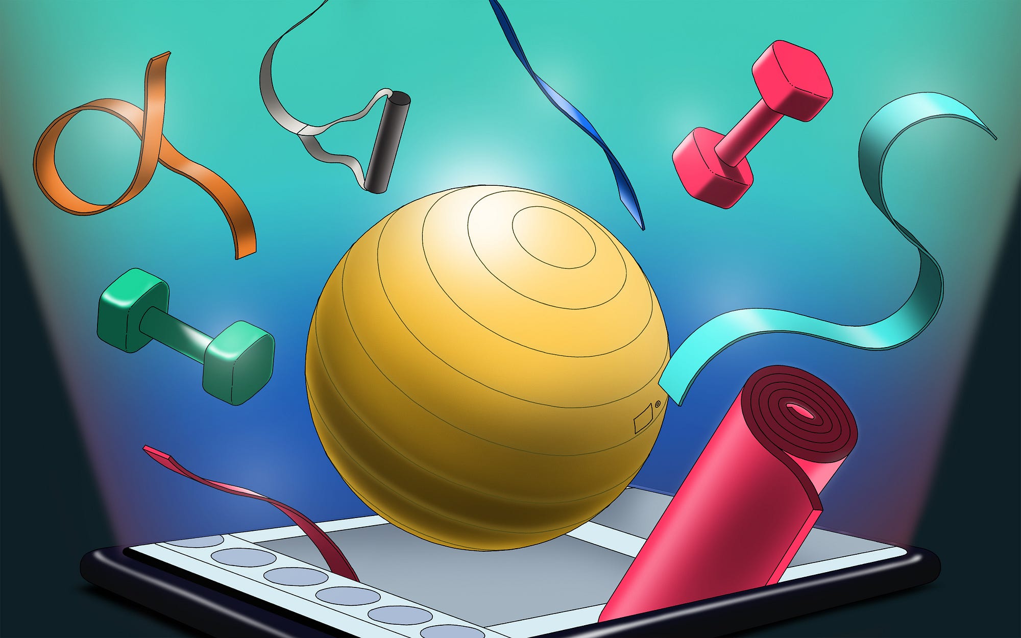 Various fitness equipment such as yoga mats, exercise balls, free weights, and rubber bands projecting out of a phone screen.