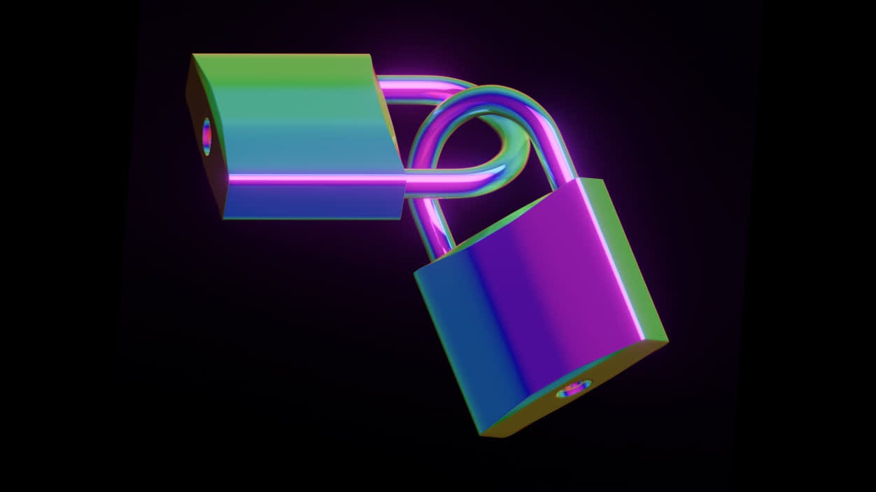 Two luminous padlocks locked together.