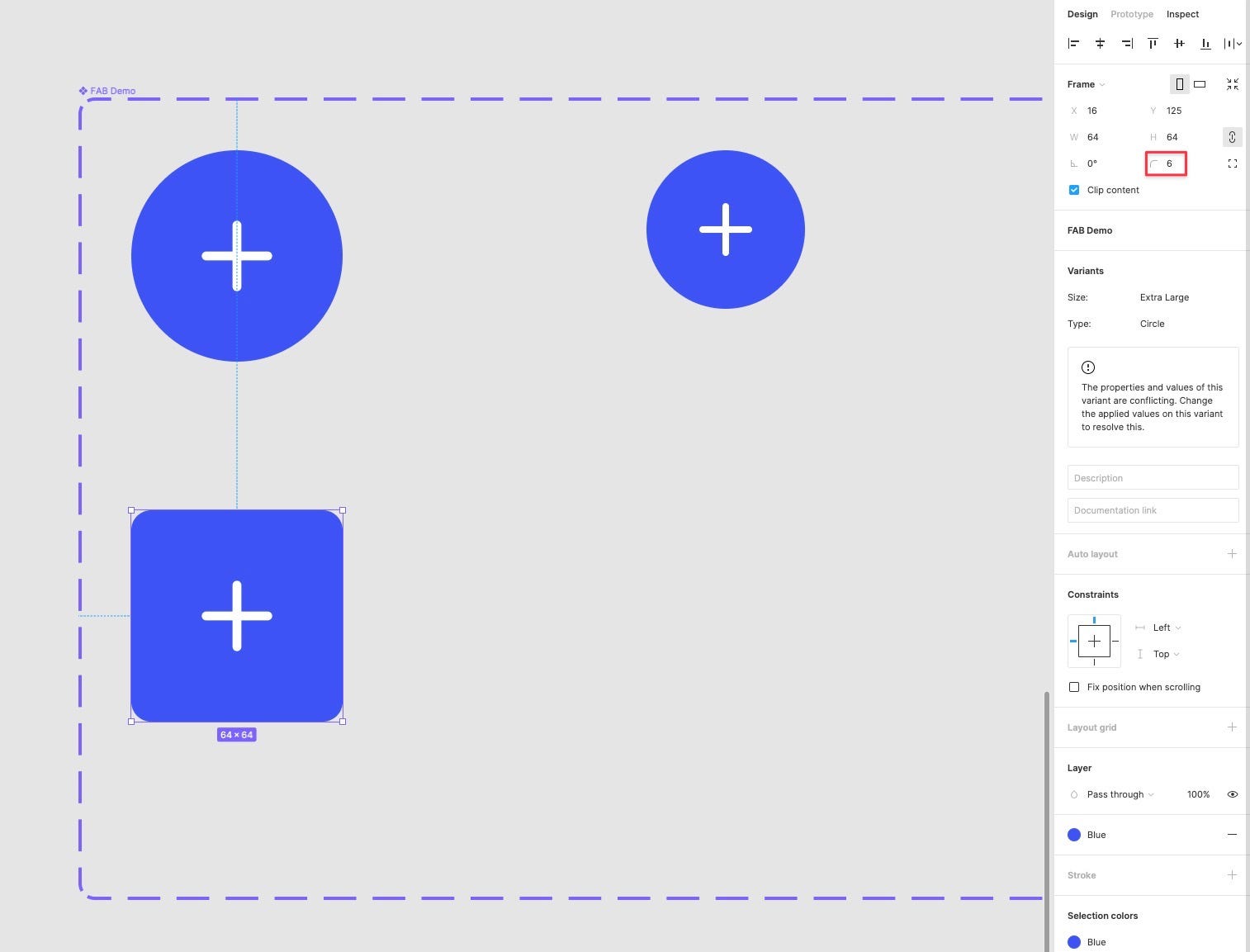 An example of a corner radius being applied to a variant