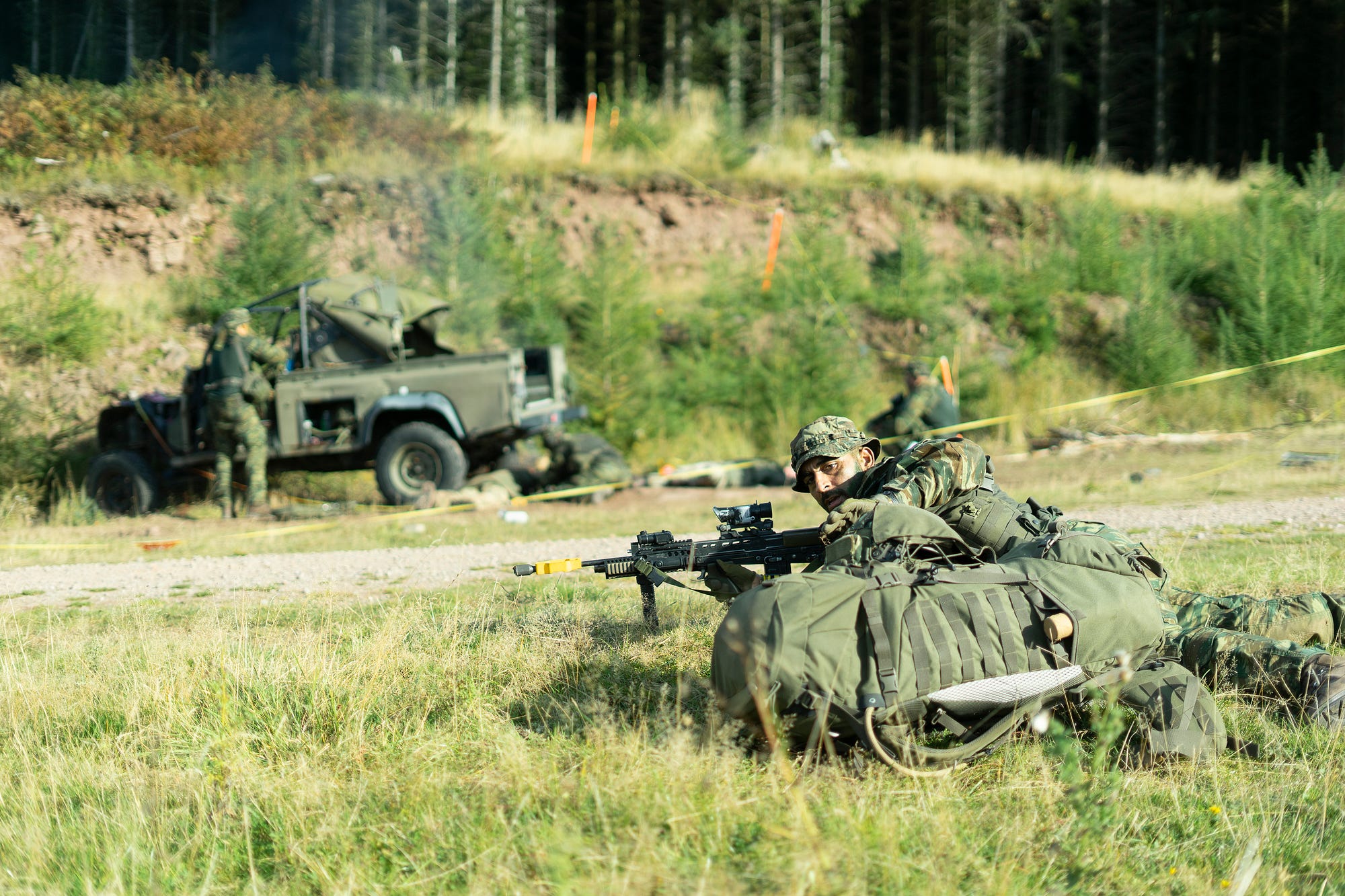 Soldiers from the Greek Armed Forces during the Battlefield Casualty Drill scenario on Cambrian Patrol 21.