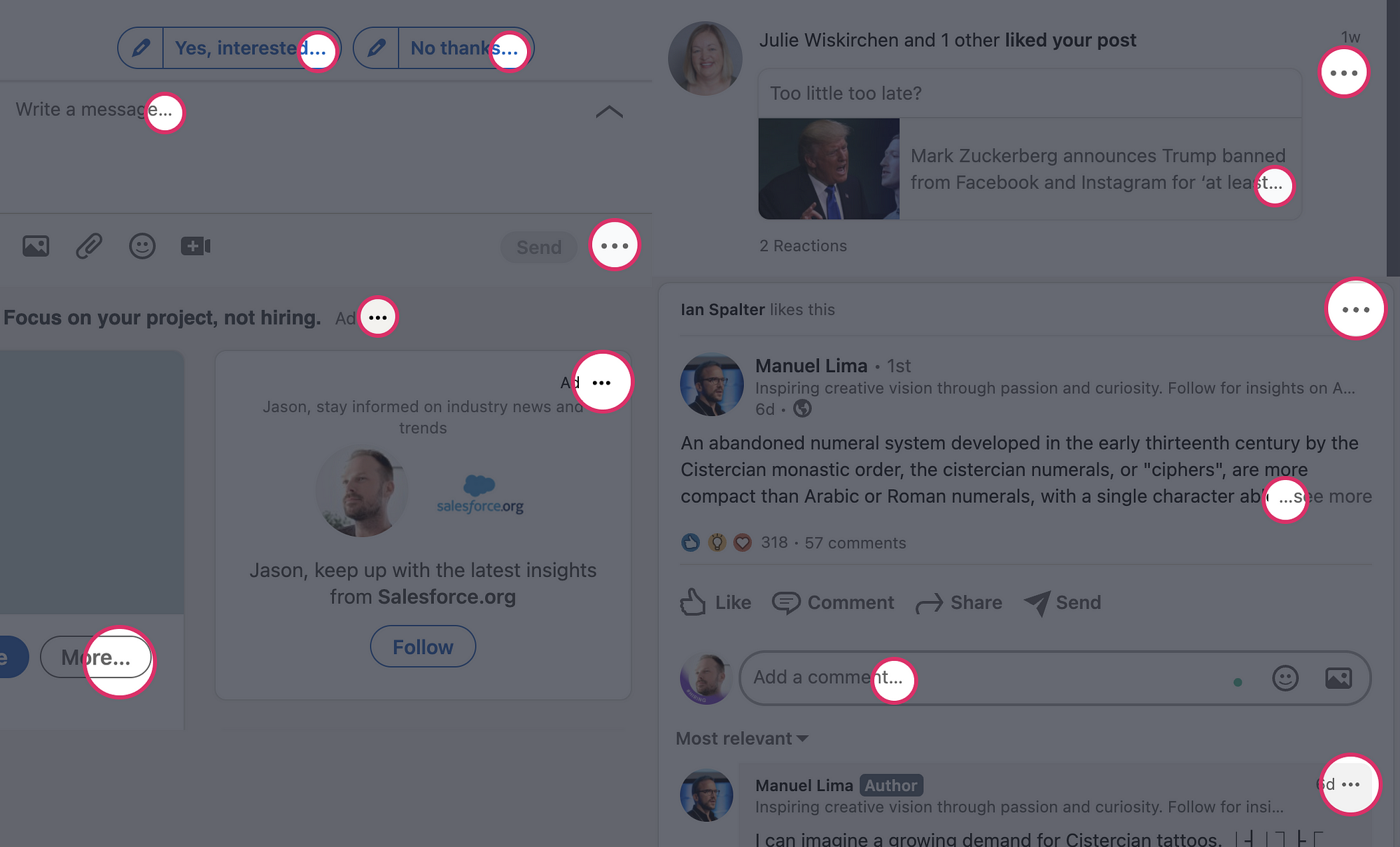 Images of LinkedIn using The Dots in various ways