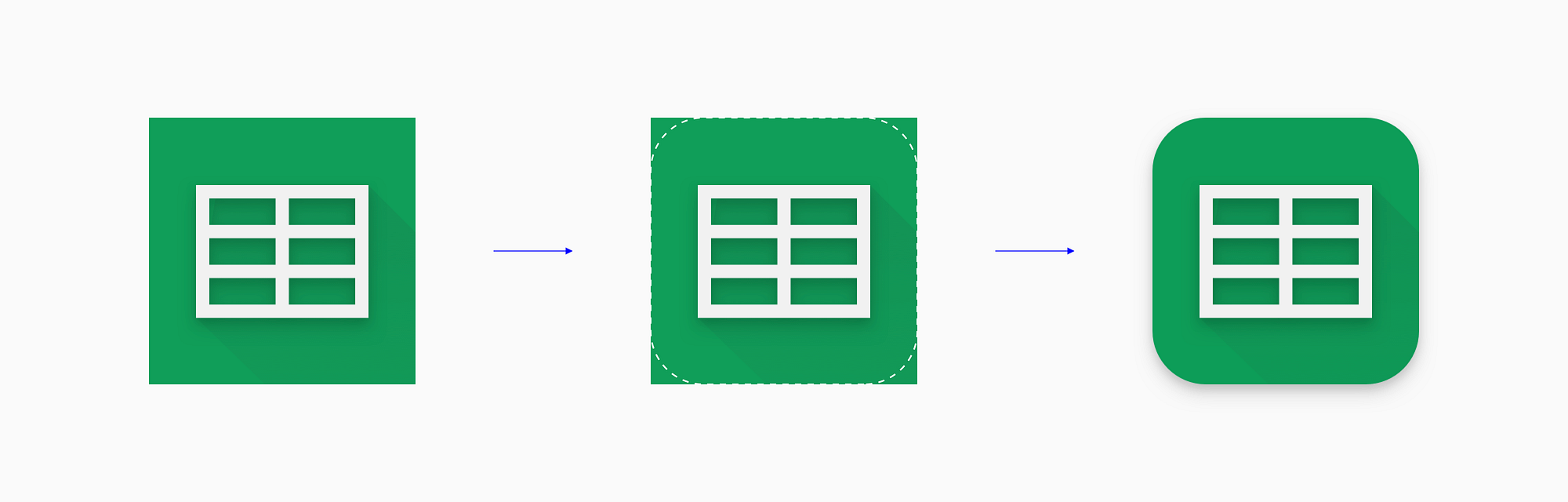 Play Store icons, like this Google Sheets icon, are masked in a rounded rectangle