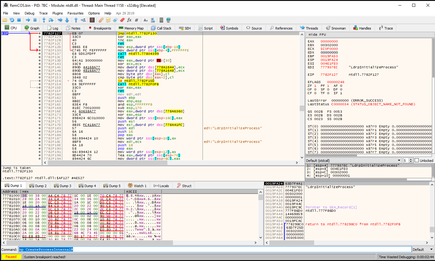 RemCOS.bin in x32Debugger