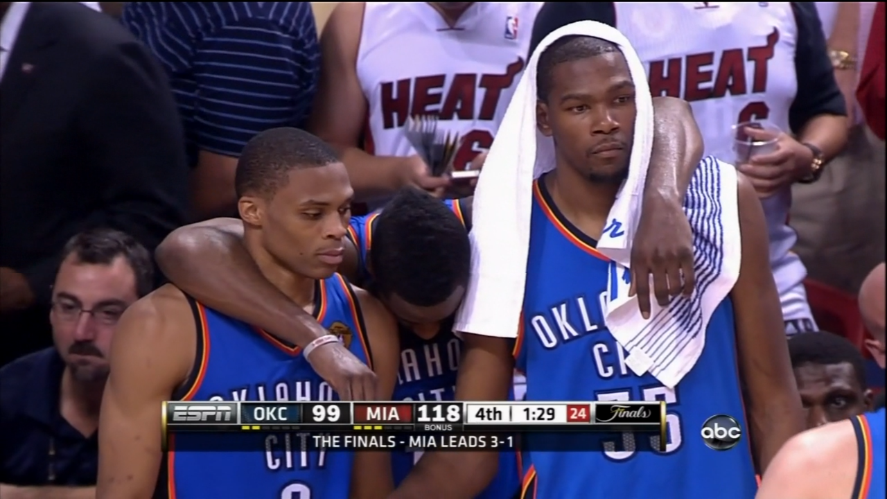 La delusione sul volto di Westbrook e Durant alla fine delle Finals 2012