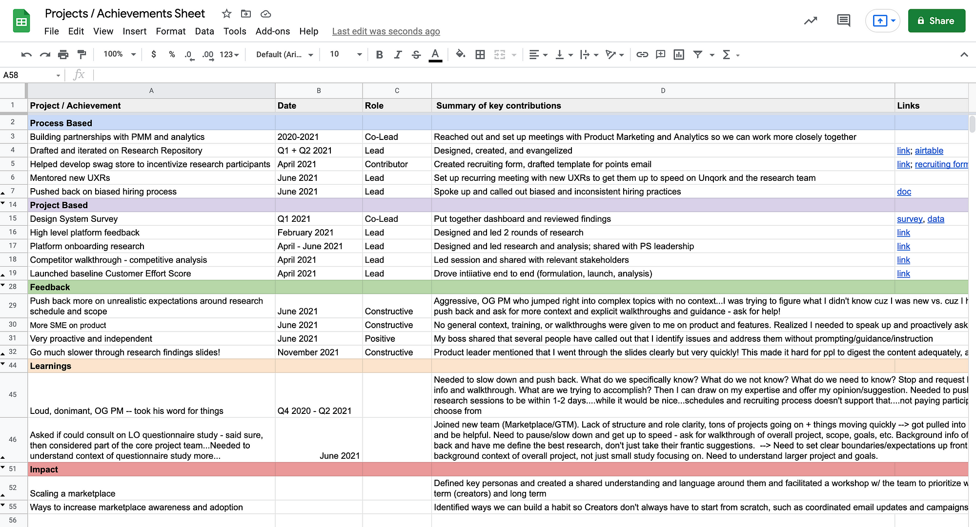 This shows a sample Google Sheet with sections for process based wins, project based wins, peer feedback, general learnings, and impact.