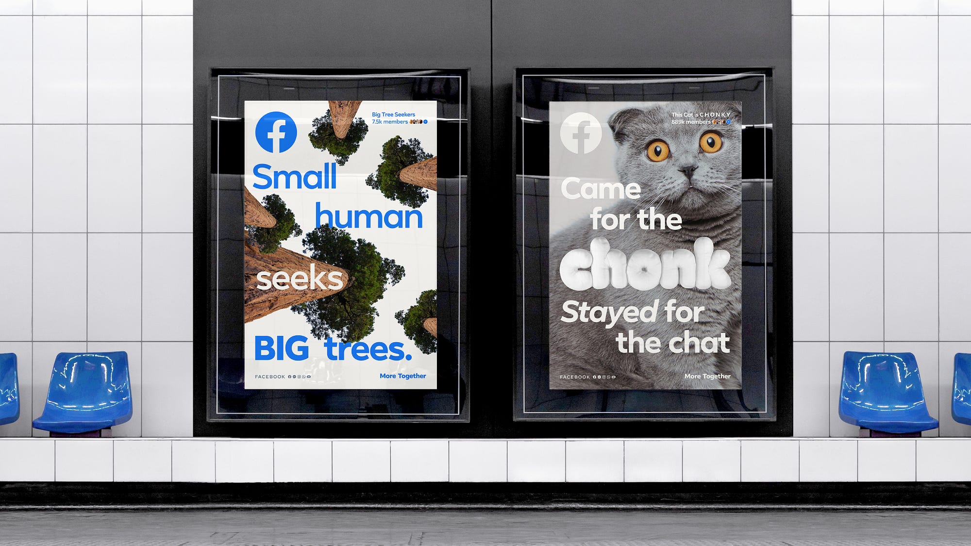 Two advertisements side-by-side in a subway station show the Facebook Sans font in different styles.