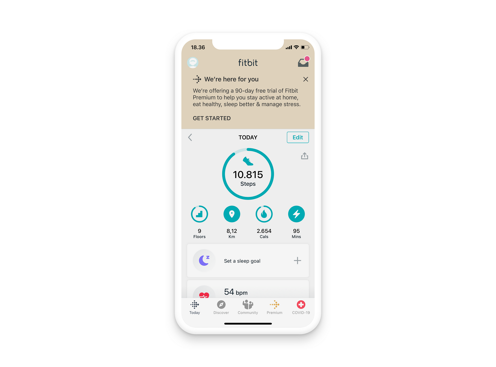 iPhone showing the home screen of the Fitbit app.