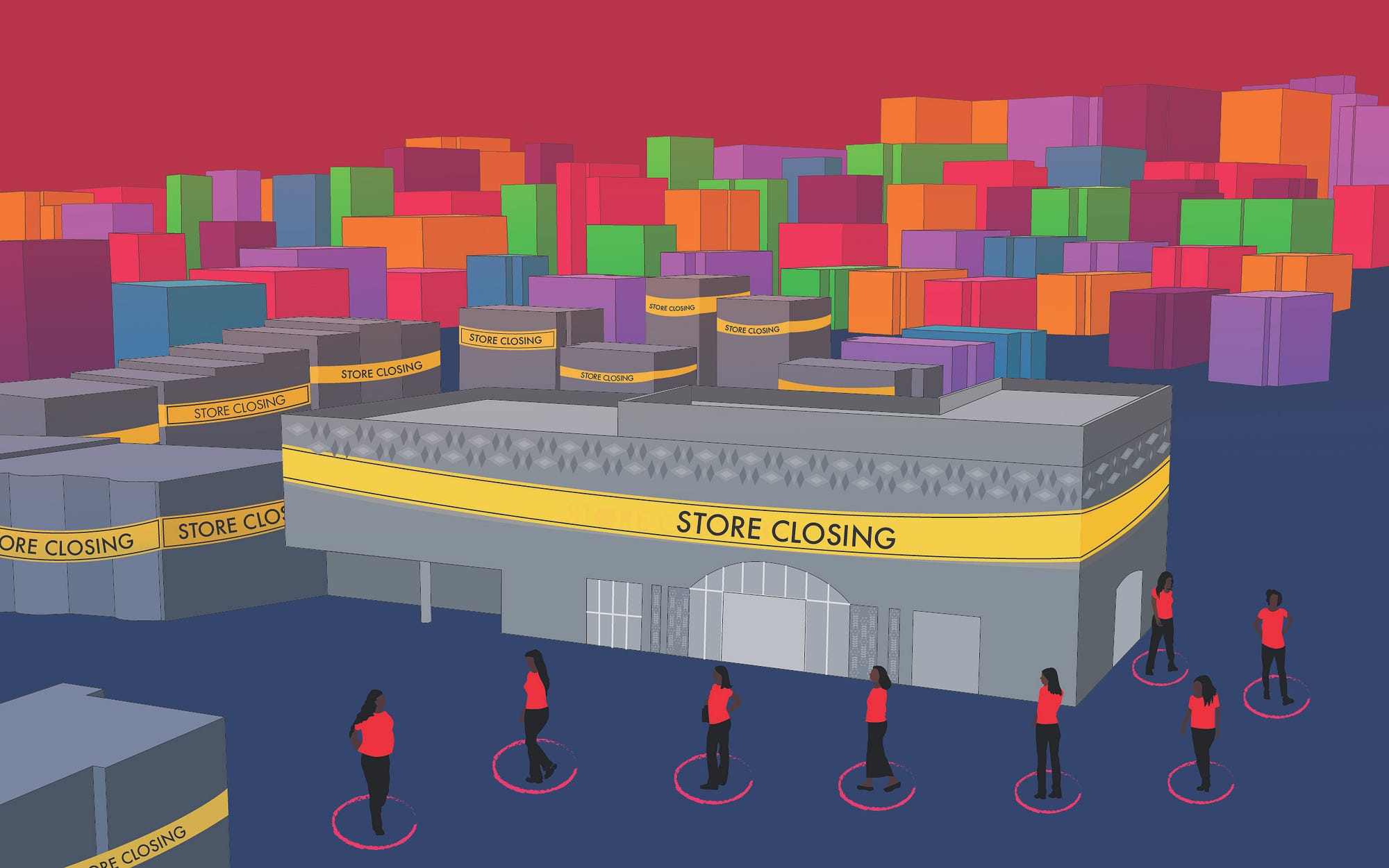 A graphic illustration of a big store with a “store closing” sign wrapped around it. Women wait in line 6 feet apart.