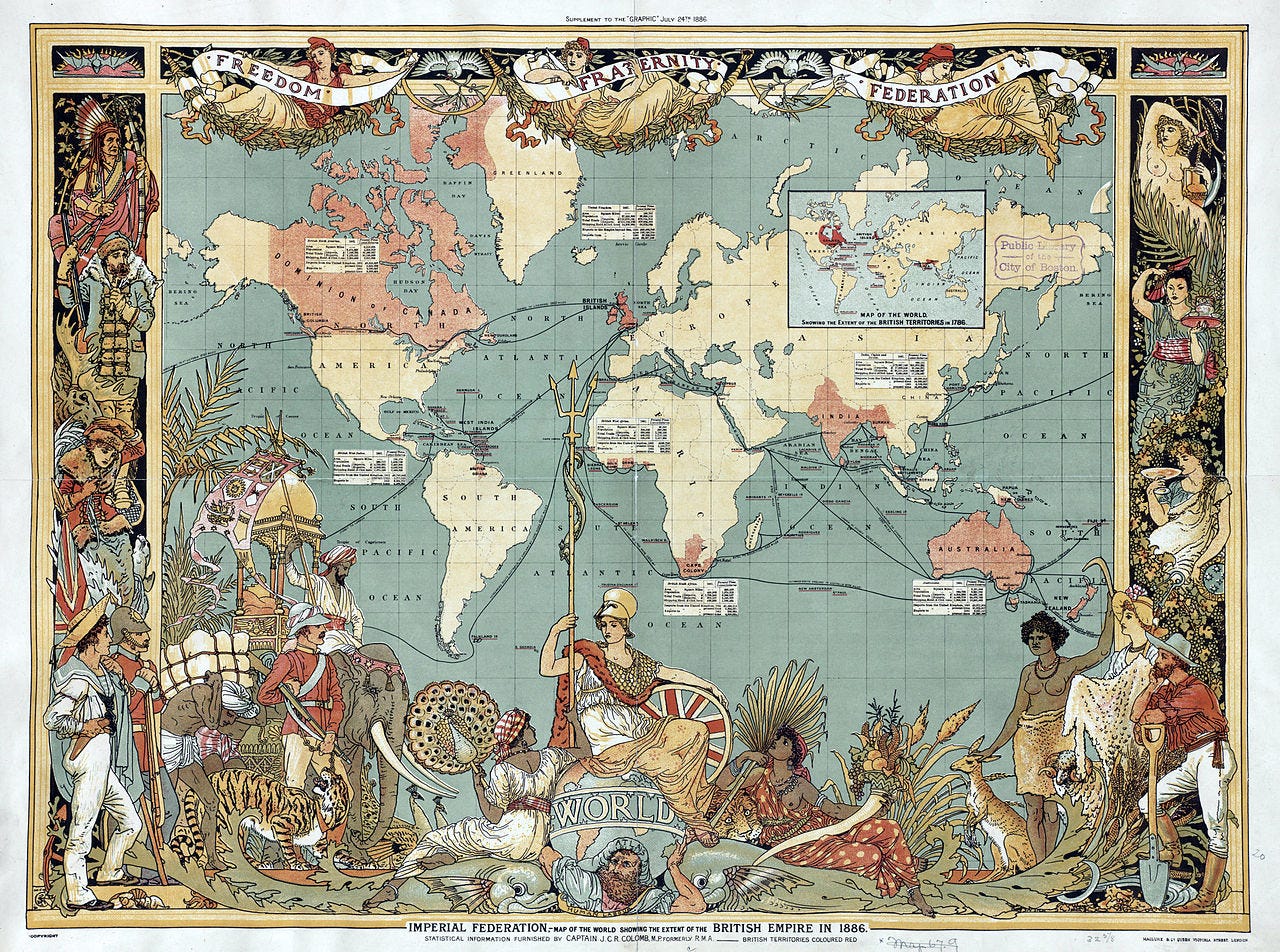 An antique rectangular world map showing the territories of British Empire in 1886. These include Britain, Canada, South Africa, India and Australia, among other smaller regions.