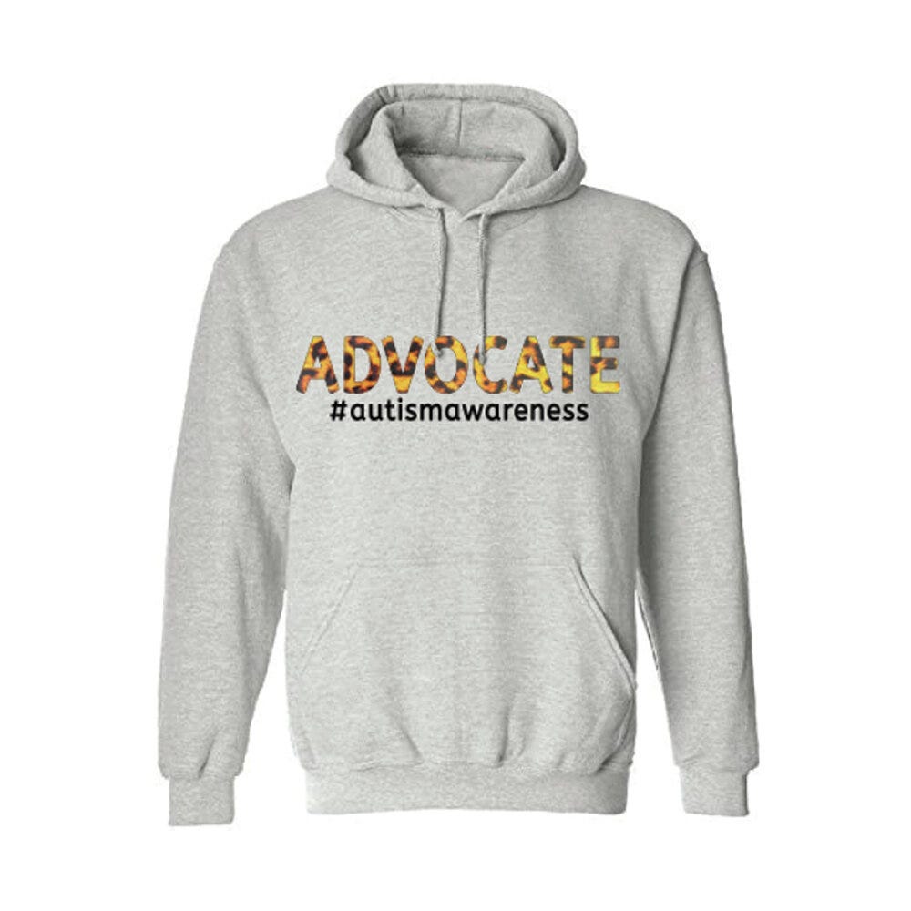 A grey hoodie with “Advocate #AutismAwareness” written across the front in yellow, orange and black.