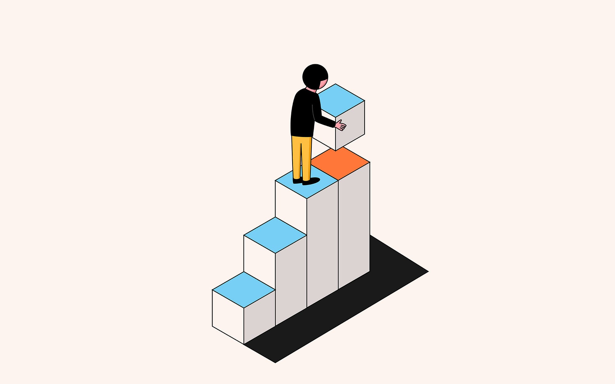An illustration of a person walking up building blocks and holding the block for the next step.