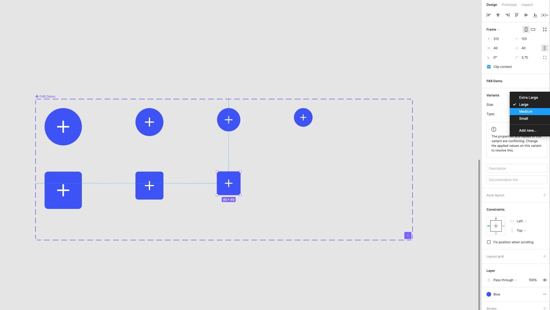 An example of various square shaped button variants being added in Figma