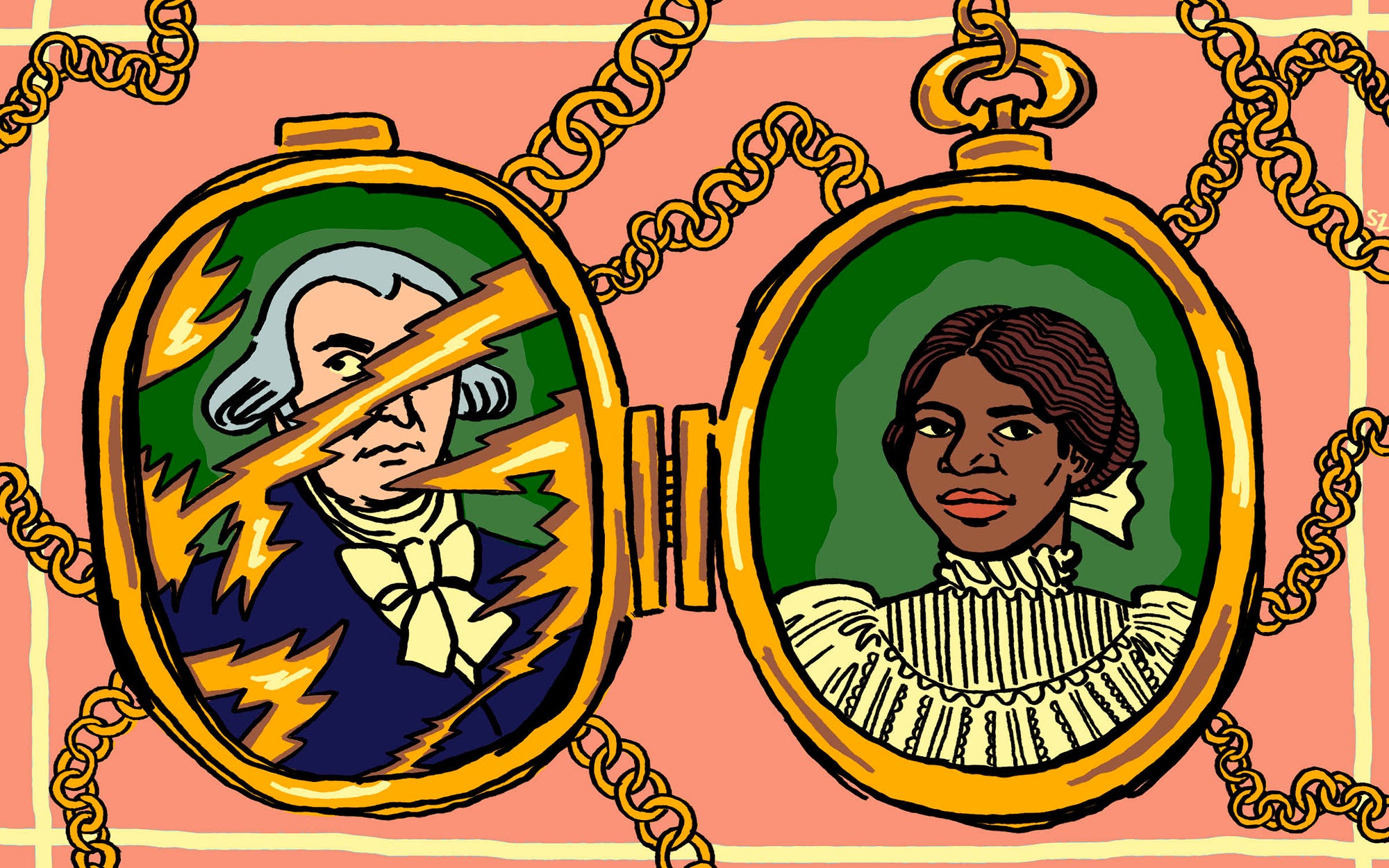An illustration of an open locket that has James Madison’s portrait scratched out on one side, and Coreen, one the other.