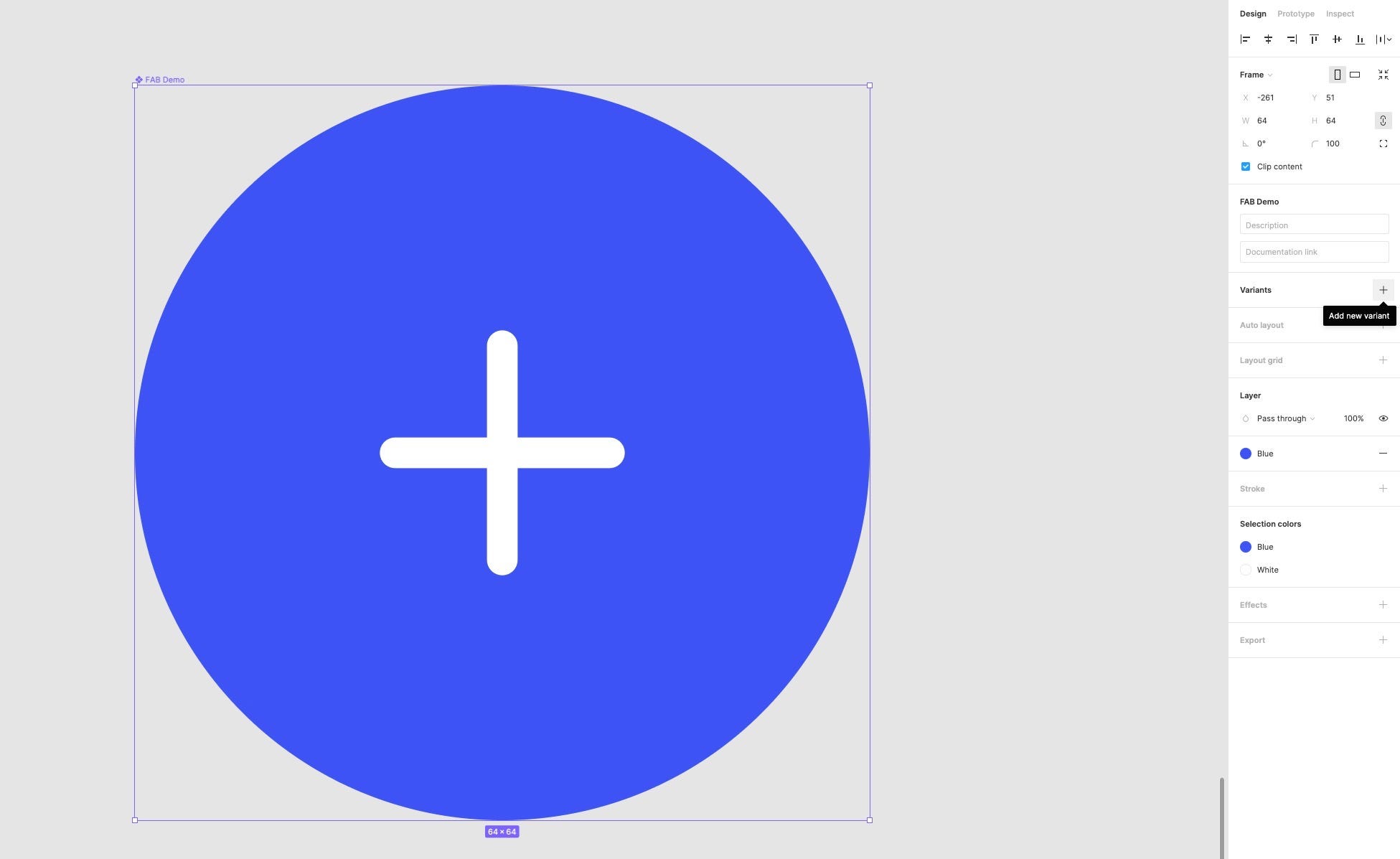 An example of a variant being applied to a circular button component in Figma