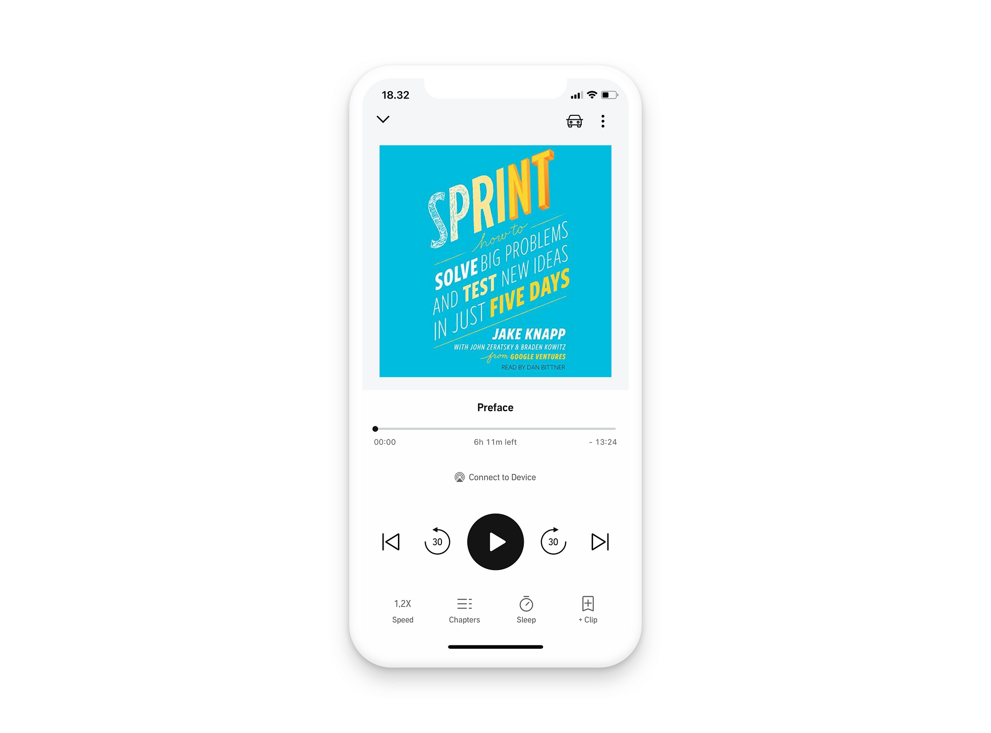 iPhone showing the audiobook player of the Audible app, playing the Sprint book.