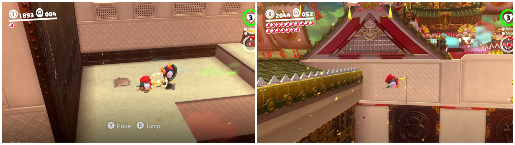 Mario as a Pokio, using his beak, poking another Pokio and stabs a wall to climb upwards.