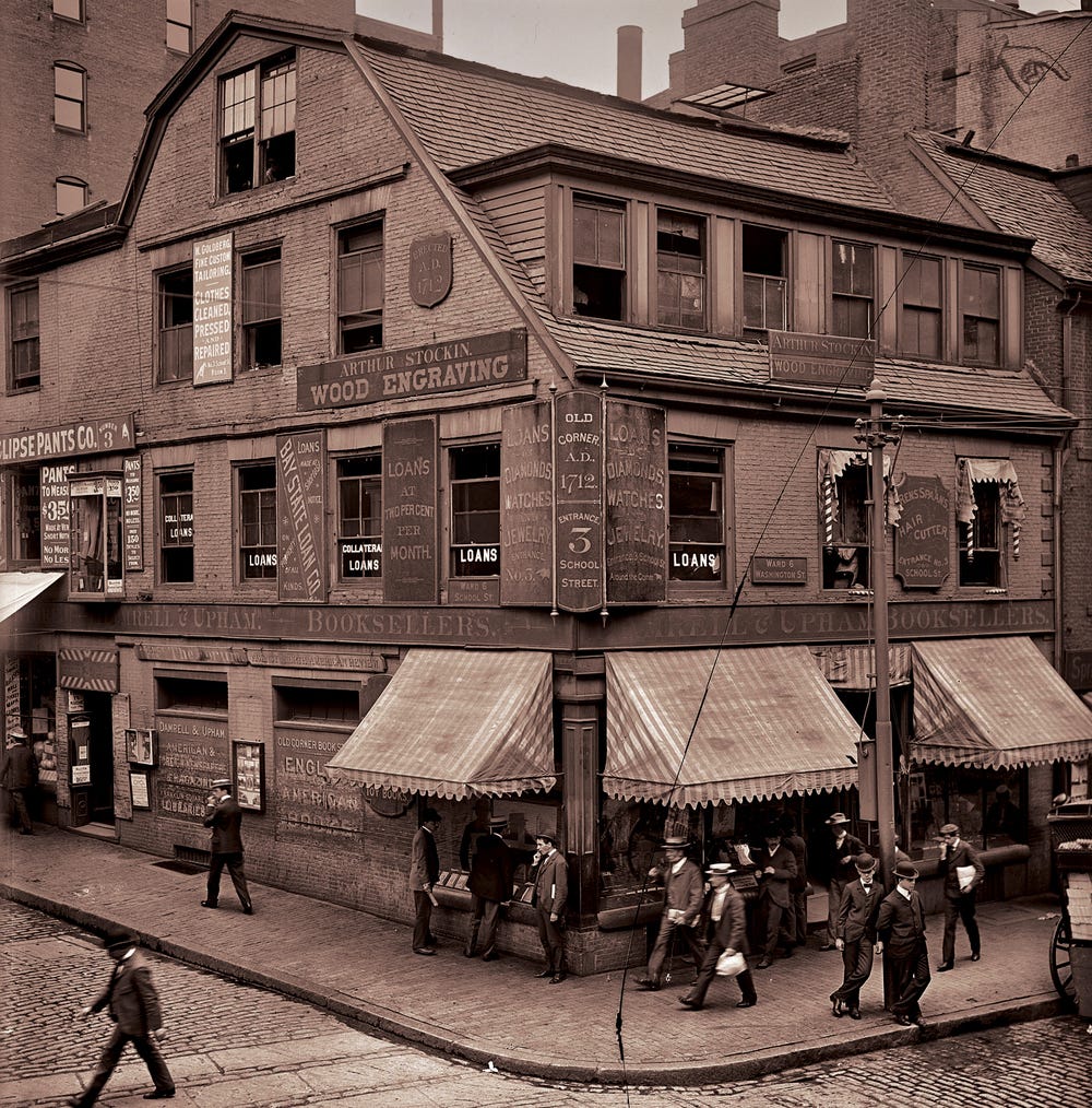 A sepia toned 19th century photograph of the brick retail building at 283 Washington Street in downtown Boston, MA.