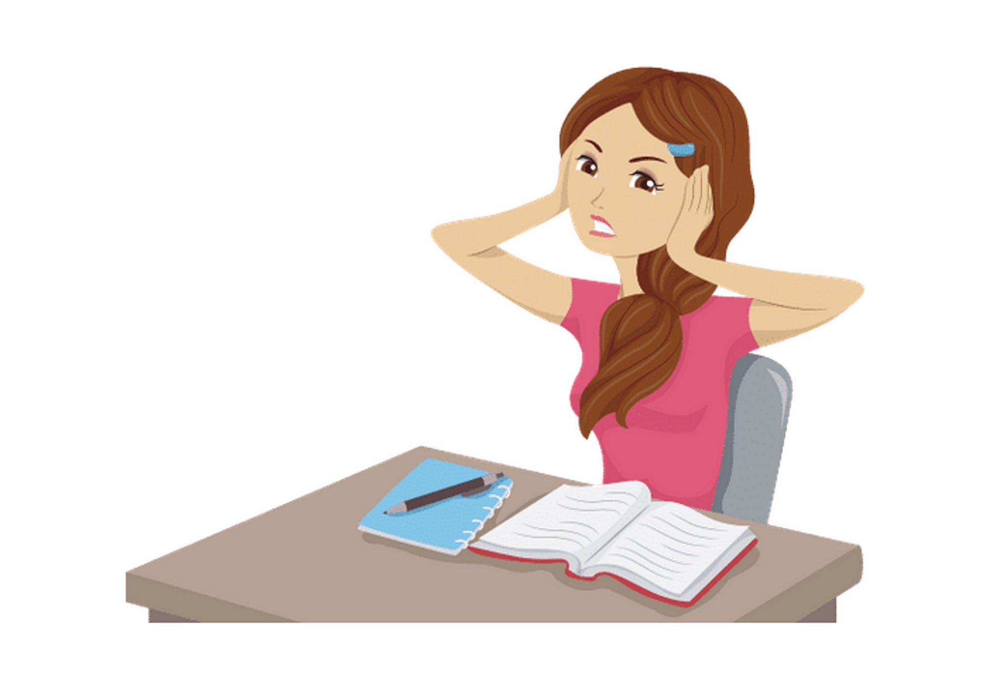 girl holding ears and being distracted from work