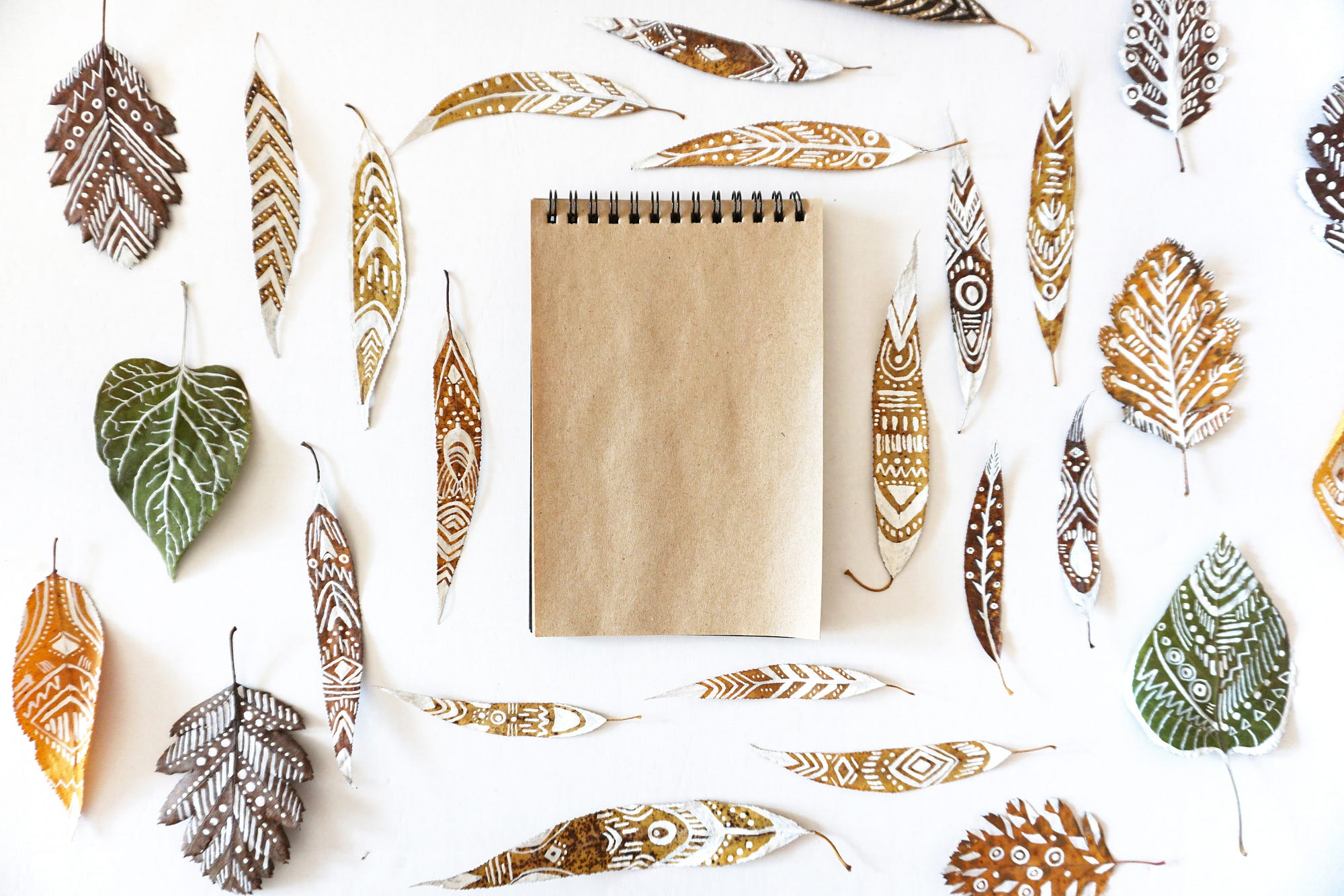 notepad surrounded by leaves and feathers