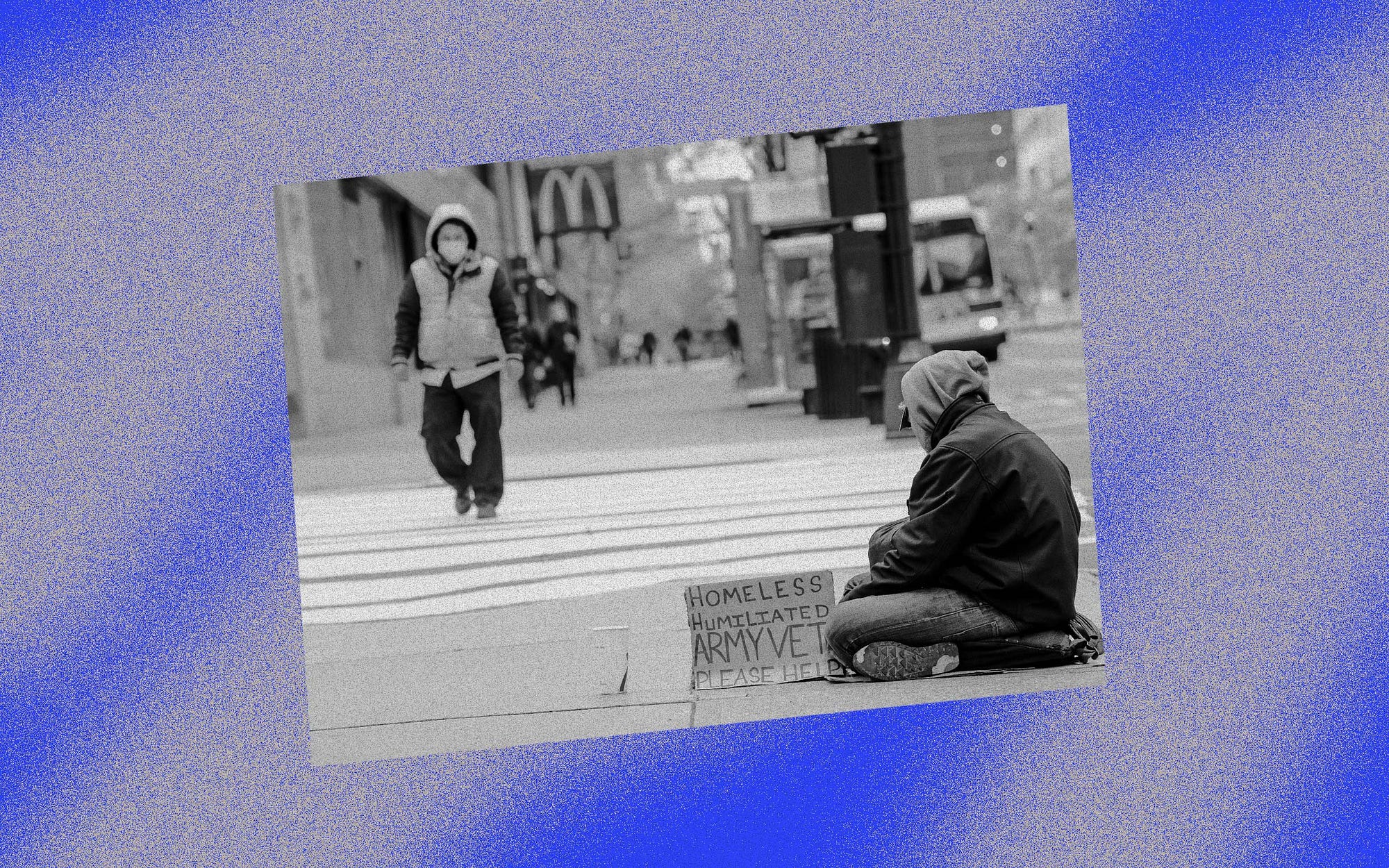 A photo of a homeless person on the street against a blue background with grey spray paint effect.