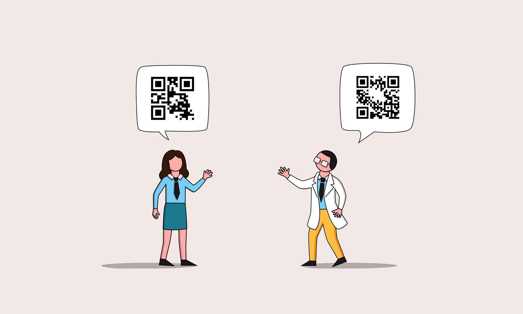 An illustration of two coworkers waving with speech bubbles over their heads. Each speech bubble has a different code.