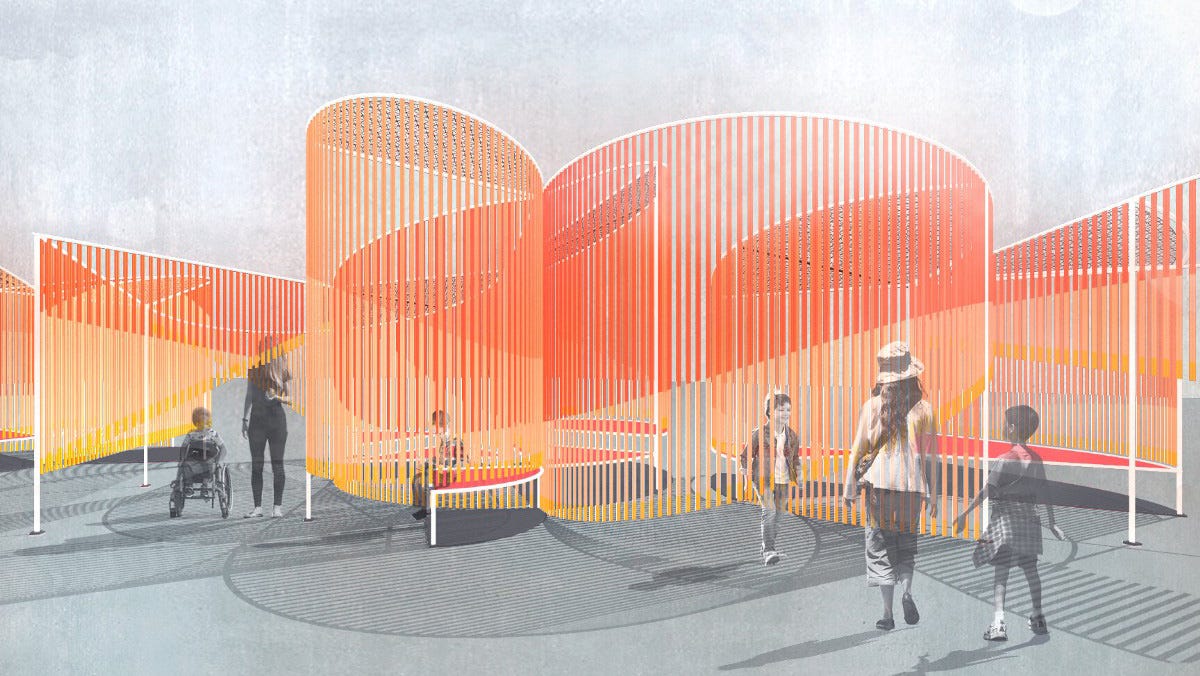 Rendering of people walking and wheeling around and interacting with a large, curving, orange and red outdoor installation.